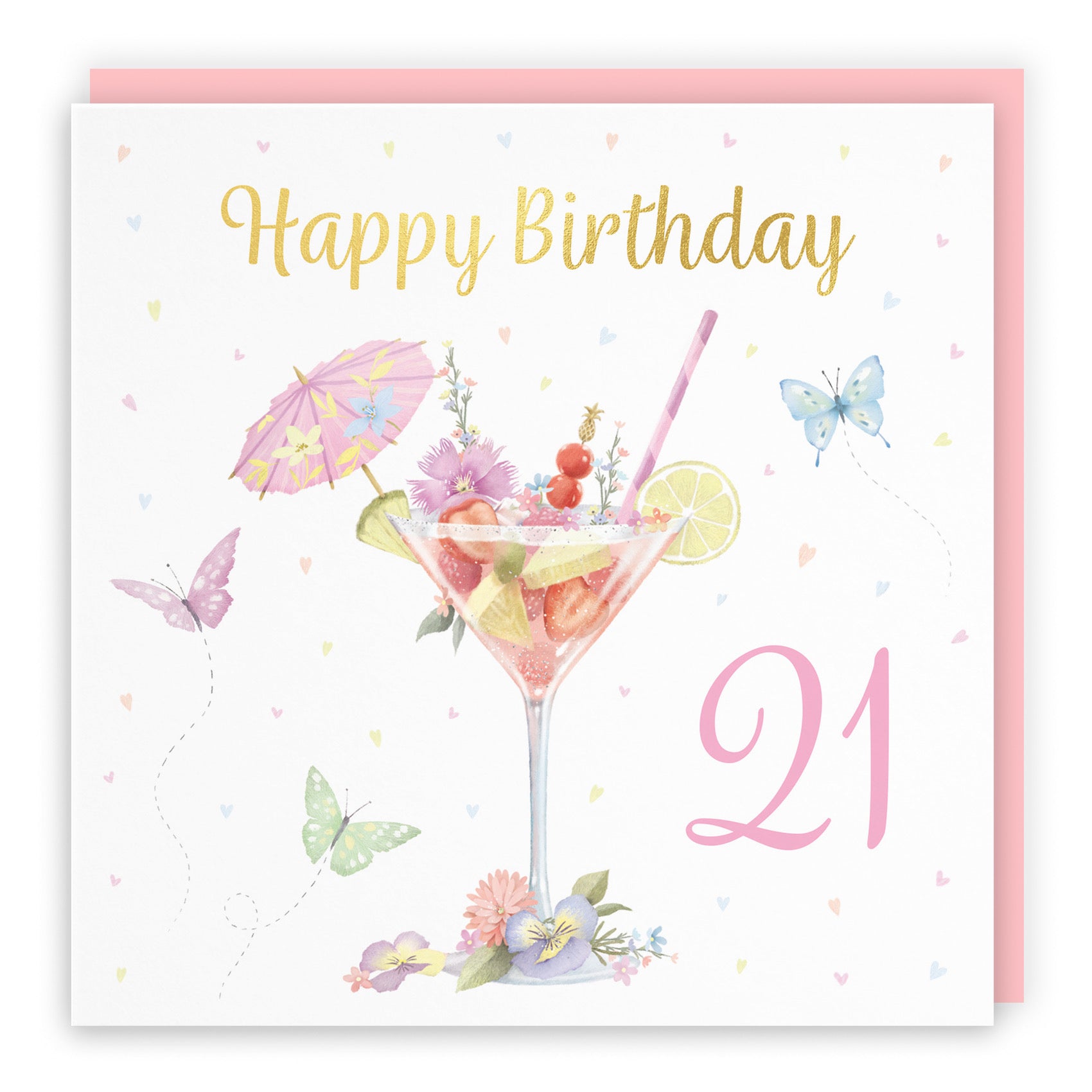 Pink Cocktail And Butterflies 21st Birthday Card Gold Foil Milo's Gallery - Default Title (B0CX1KTLVD)