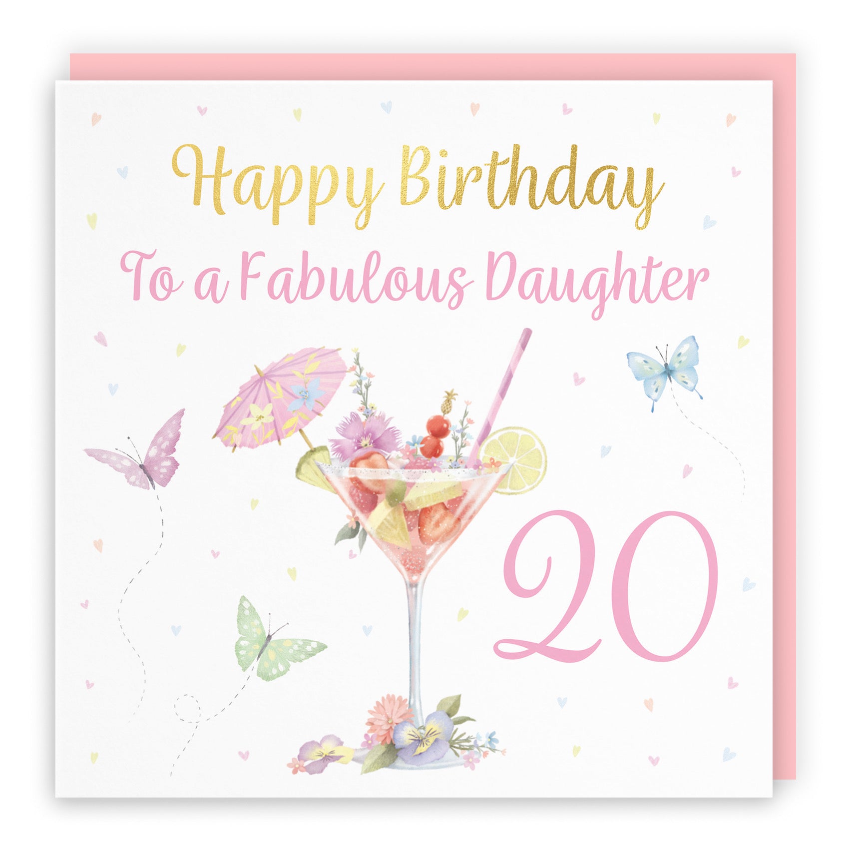 20th Daughter Pink Cocktail And Butterflies Birthday Card Gold Foil Milo's Gallery - Default Title (B0CX21Q6RB)
