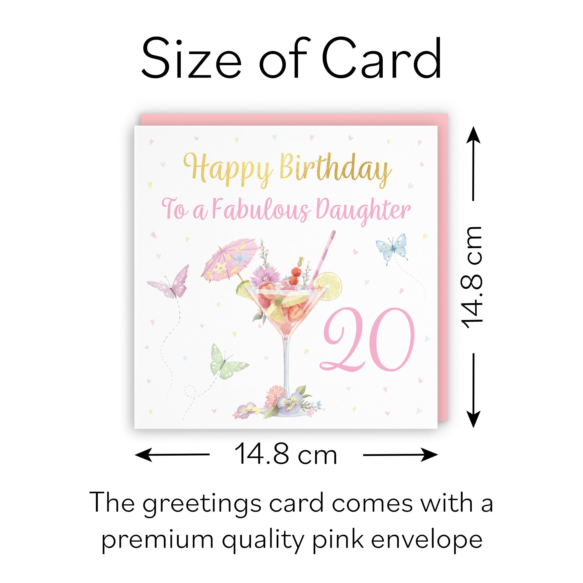 20th Daughter Pink Cocktail And Butterflies Birthday Card Gold Foil Milo's Gallery - Default Title (B0CX21Q6RB)