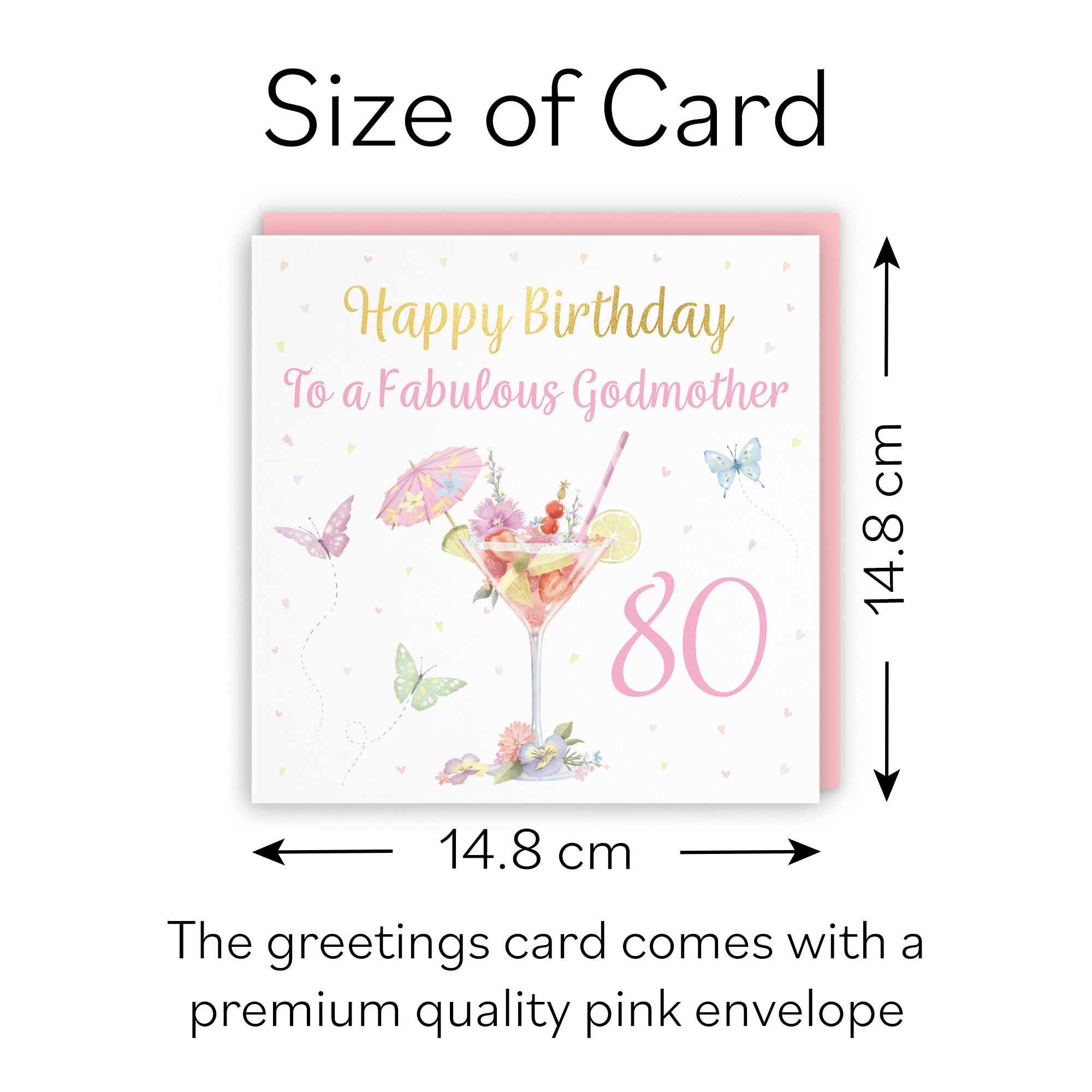 80th Godmother Pink Cocktail And Butterflies Birthday Card Gold Foil Milo's Gallery - Default Title (B0CX22QDLF)