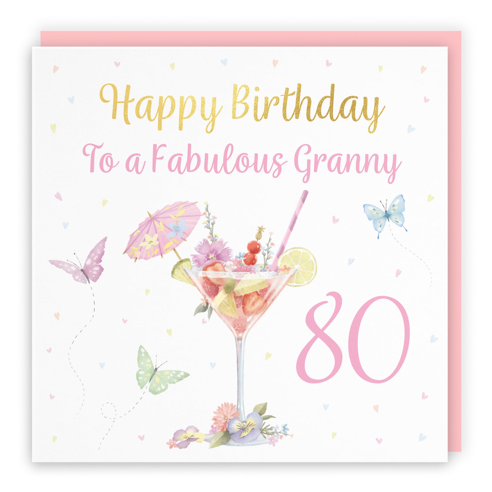 80th Granny Pink Cocktail And Butterflies Birthday Card Gold Foil Milo's Gallery - Default Title (B0CX23PDDT)
