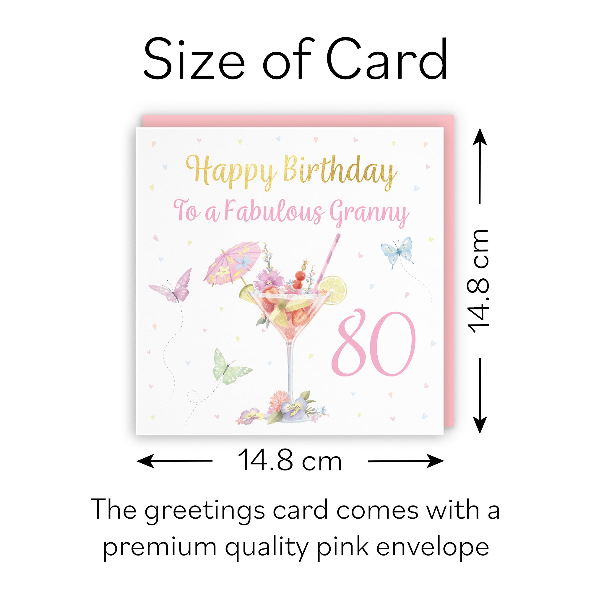 80th Granny Pink Cocktail And Butterflies Birthday Card Gold Foil Milo's Gallery - Default Title (B0CX23PDDT)