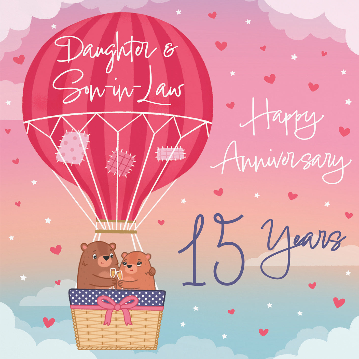 15th Daughter And Son-in-Law Hot Air Balloon Anniversary Card Cute Bears