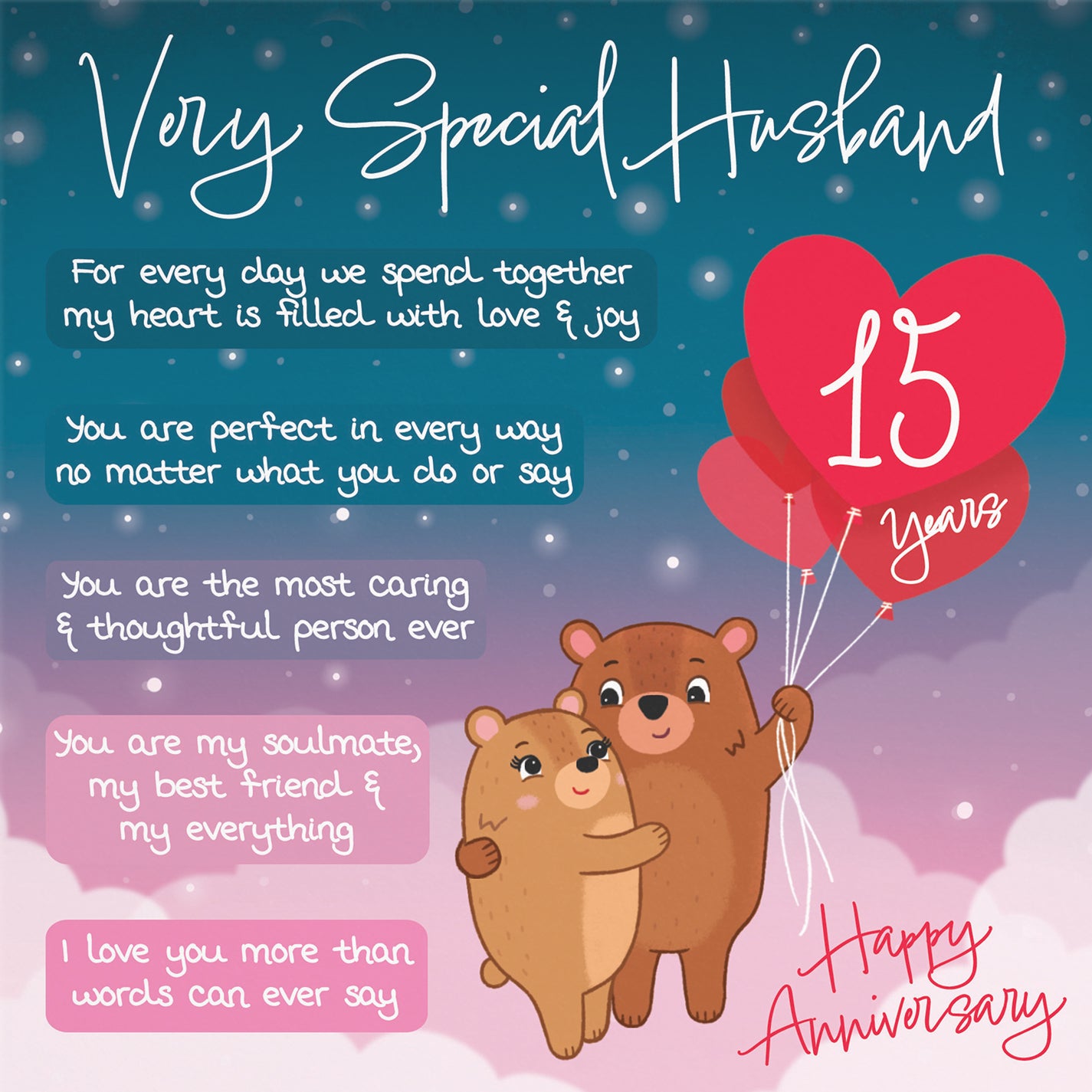 15th Husband Anniversary Card Starry Night Cute Bears