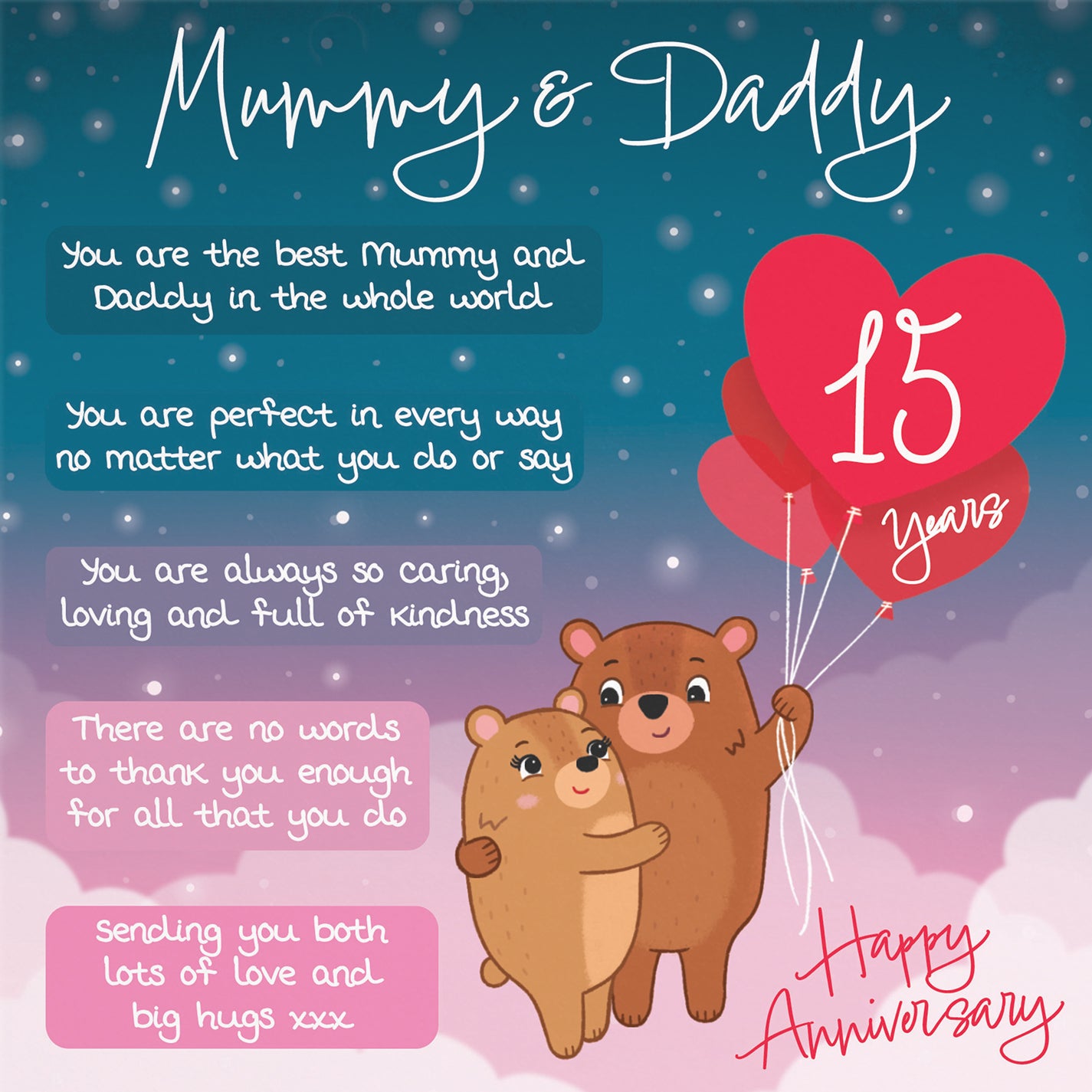 15th Mummy And Daddy Anniversary Card Starry Night Cute Bears