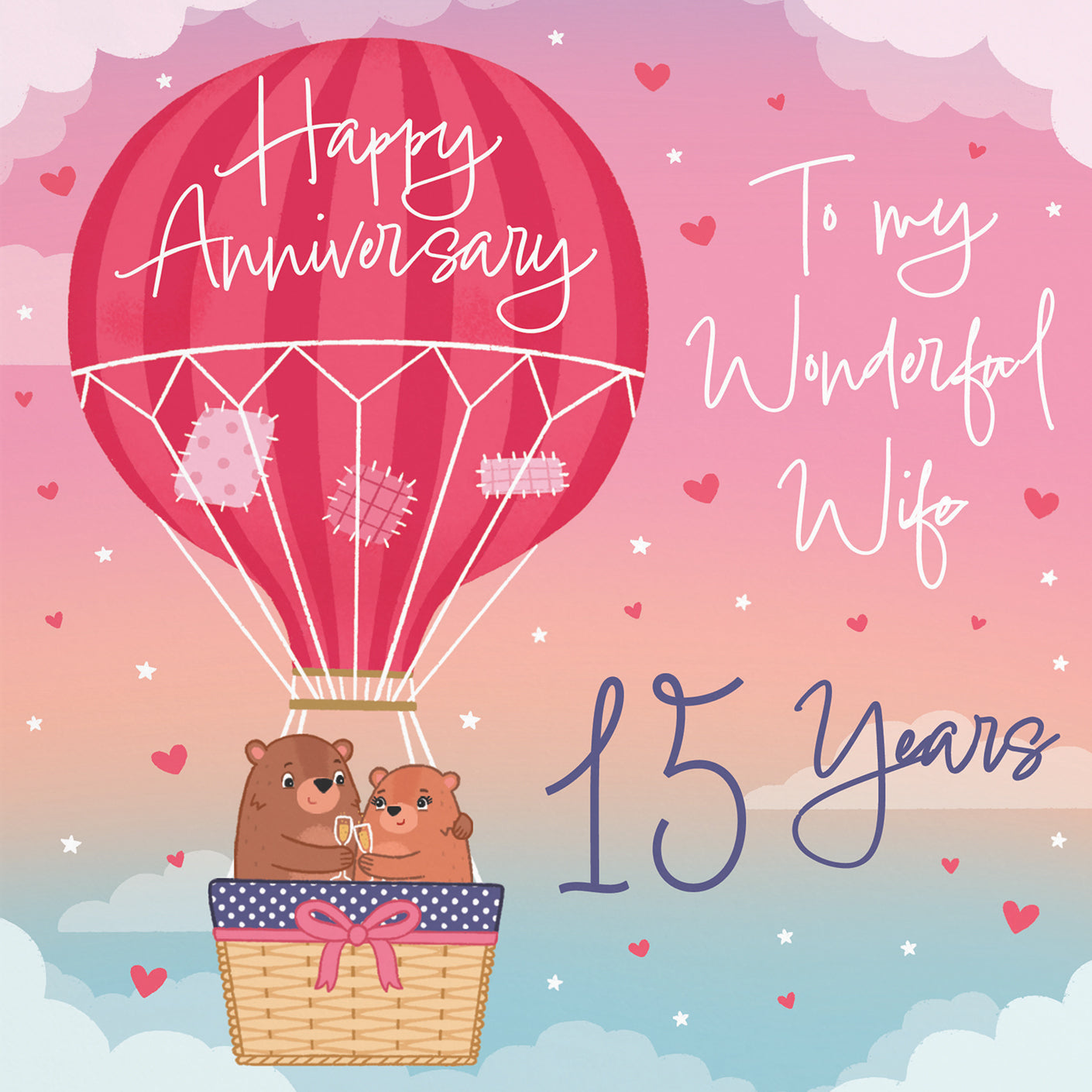 15th Wife Hot Air Balloon Anniversary Card Cute Bears