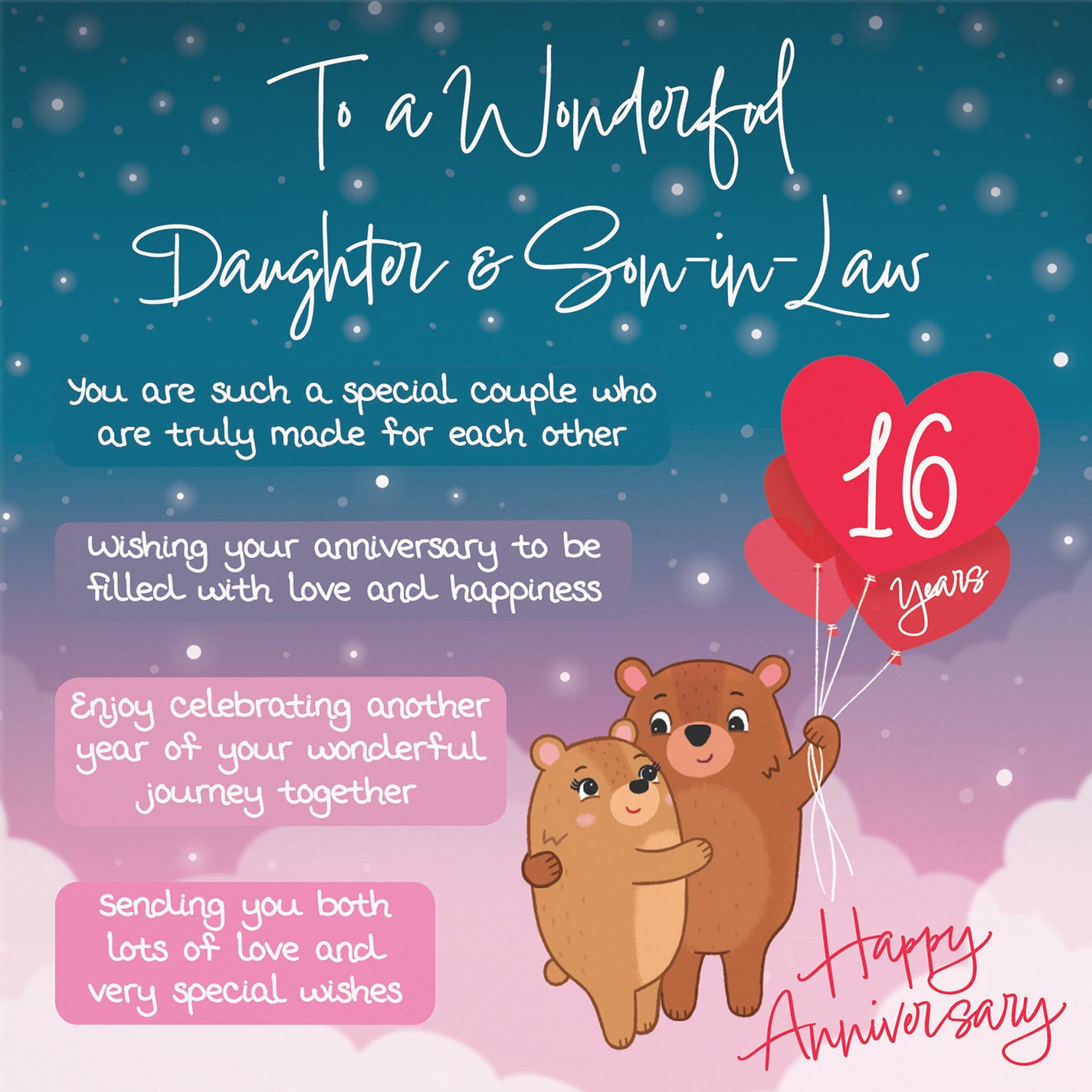 16th Daughter And Son In Law Anniversary Card Starry Night Cute Bears