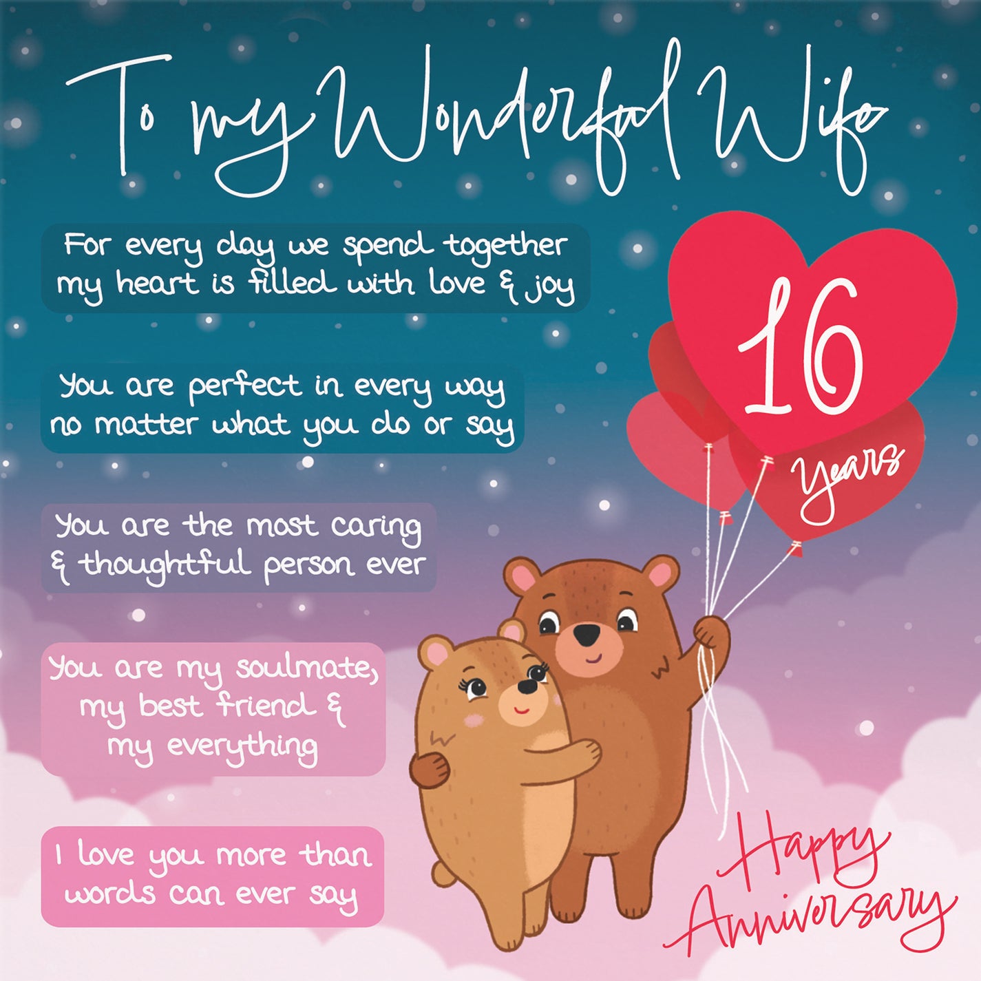 16th Wife Anniversary Card Starry Night Cute Bears