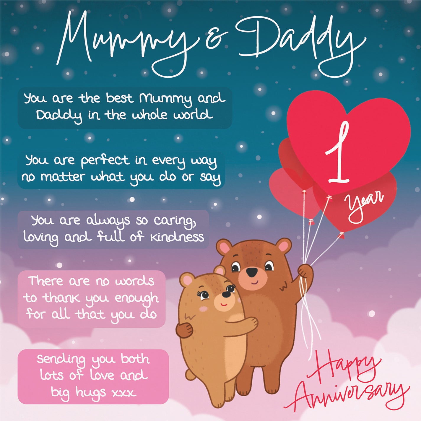 1st Mummy And Daddy Anniversary Card Starry Night Cute Bears