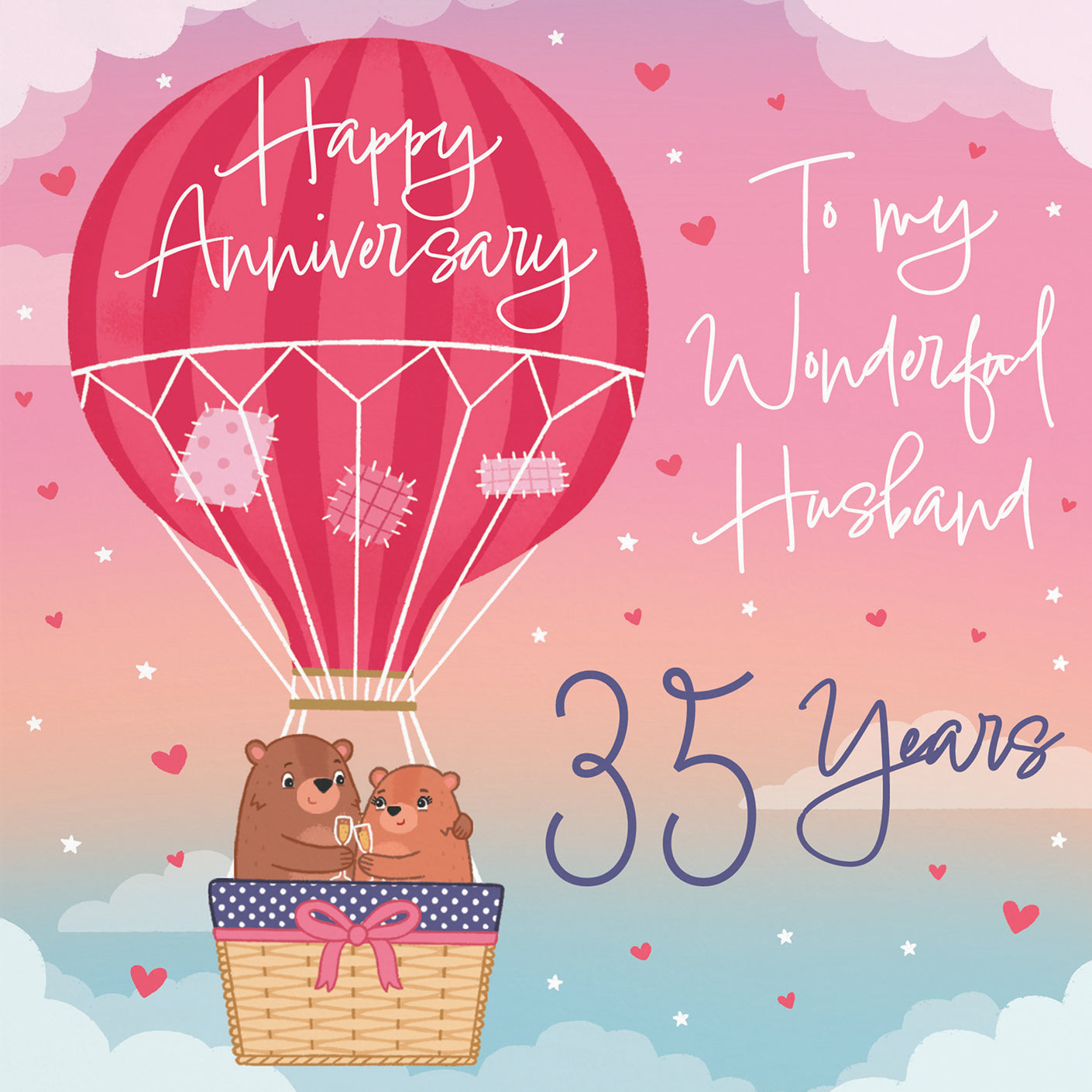 35th Husband Hot Air Balloon Anniversary Card Cute Bears