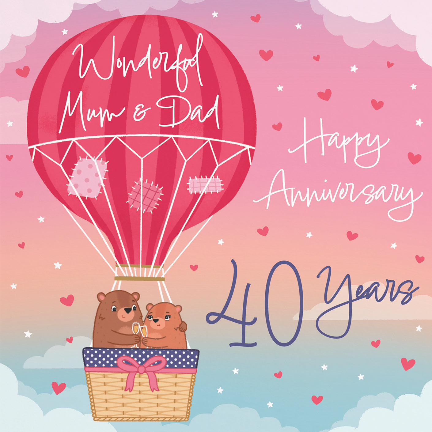 40th Mum And Dad Hot Air Balloon Anniversary Card Cute Bears