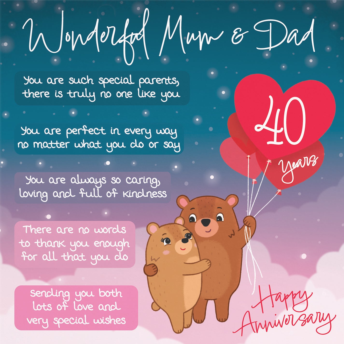 40th Mum And Dad Anniversary Card Starry Night Cute Bears