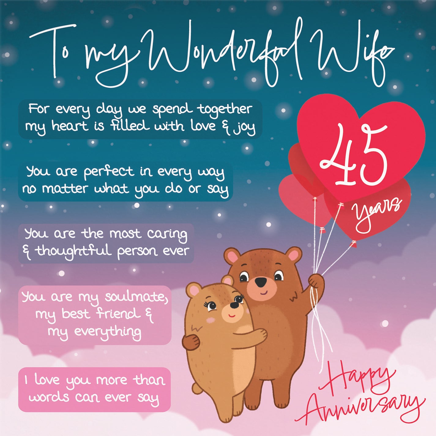 45th Wife Anniversary Card Starry Night Cute Bears