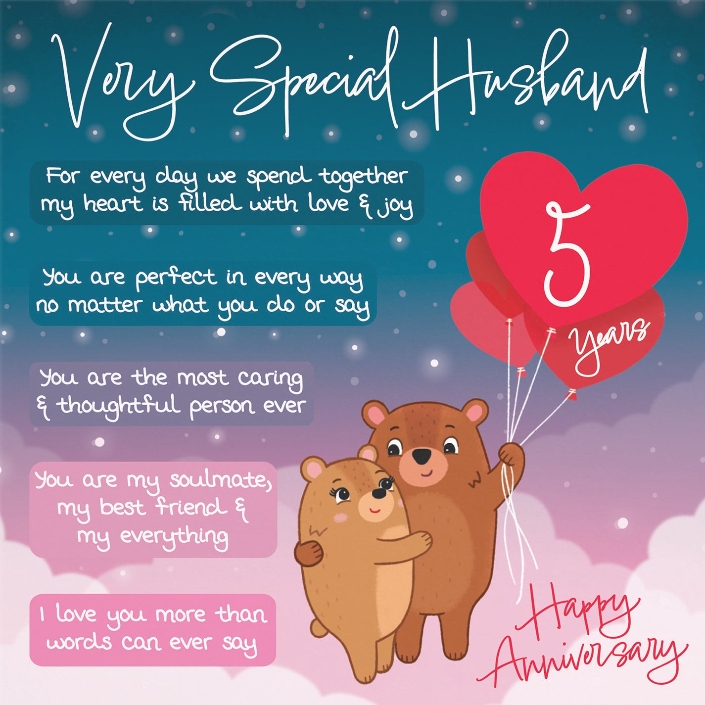 5th Husband Anniversary Card Starry Night Cute Bears