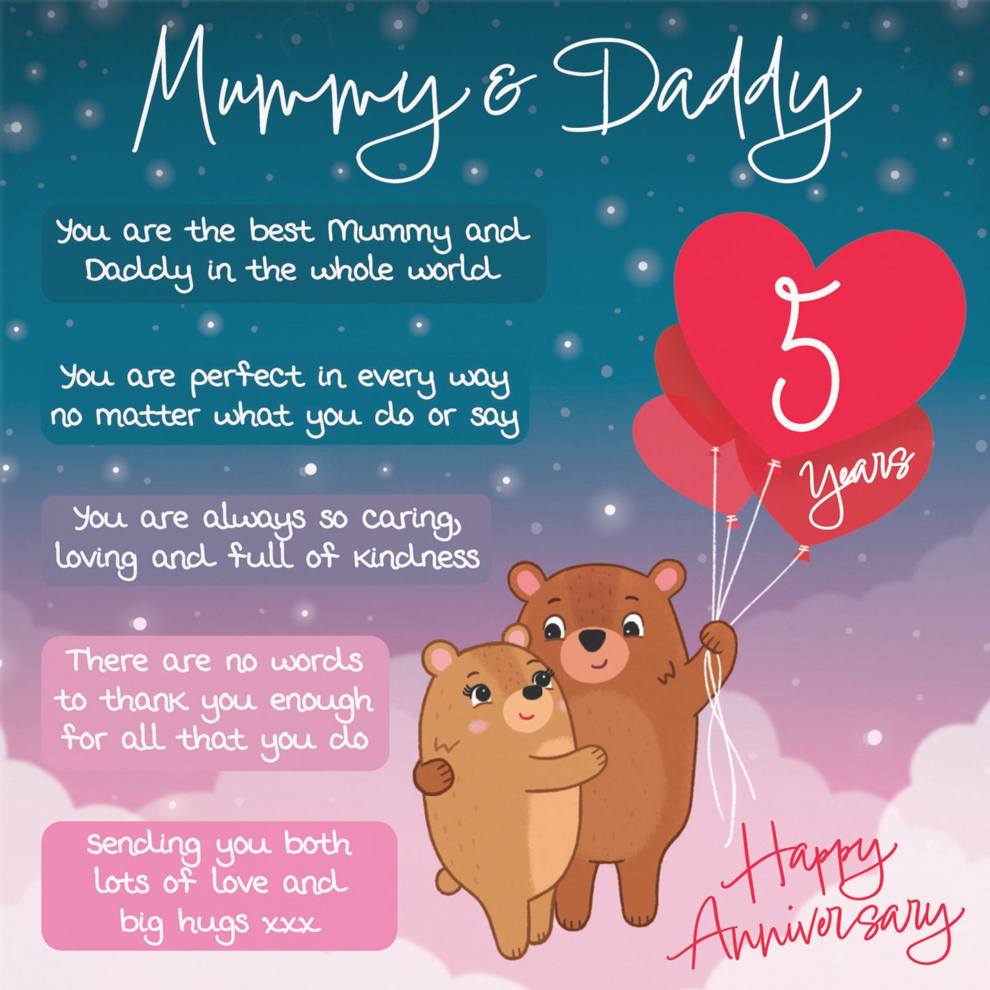 5th Mummy And Daddy Anniversary Card Starry Night Cute Bears