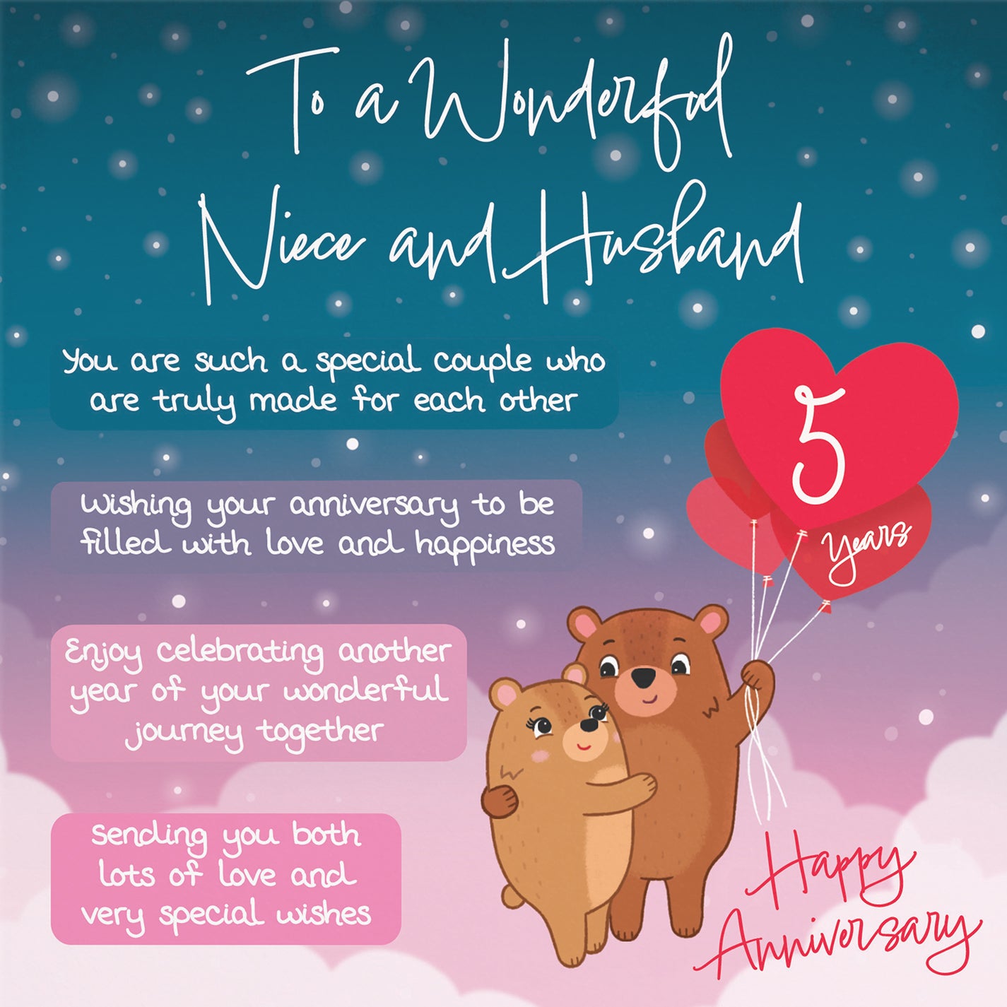 5th Niece And Husband Anniversary Card Starry Night Cute Bears