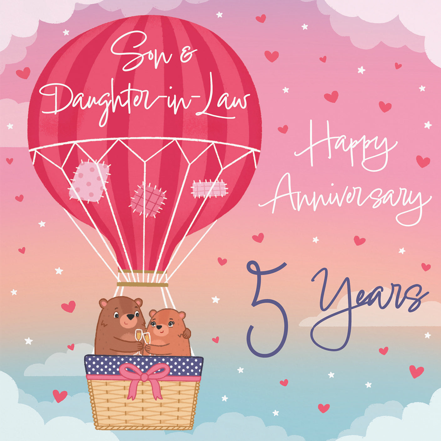 5th Son And Daughter-in-Law Hot Air Balloon Anniversary Card Cute Bears