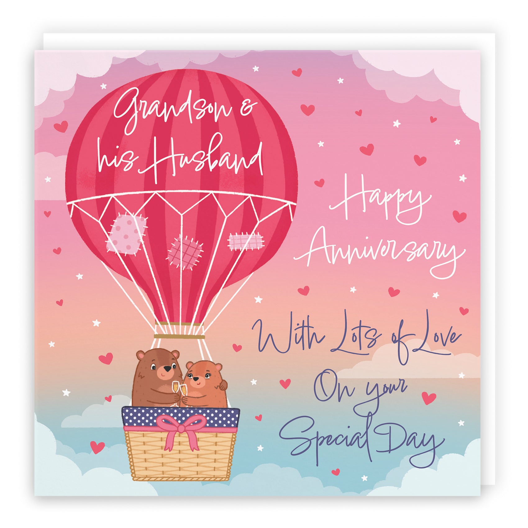 Grandson And Husband Hot Air Balloon Anniversary Card Cute Bears