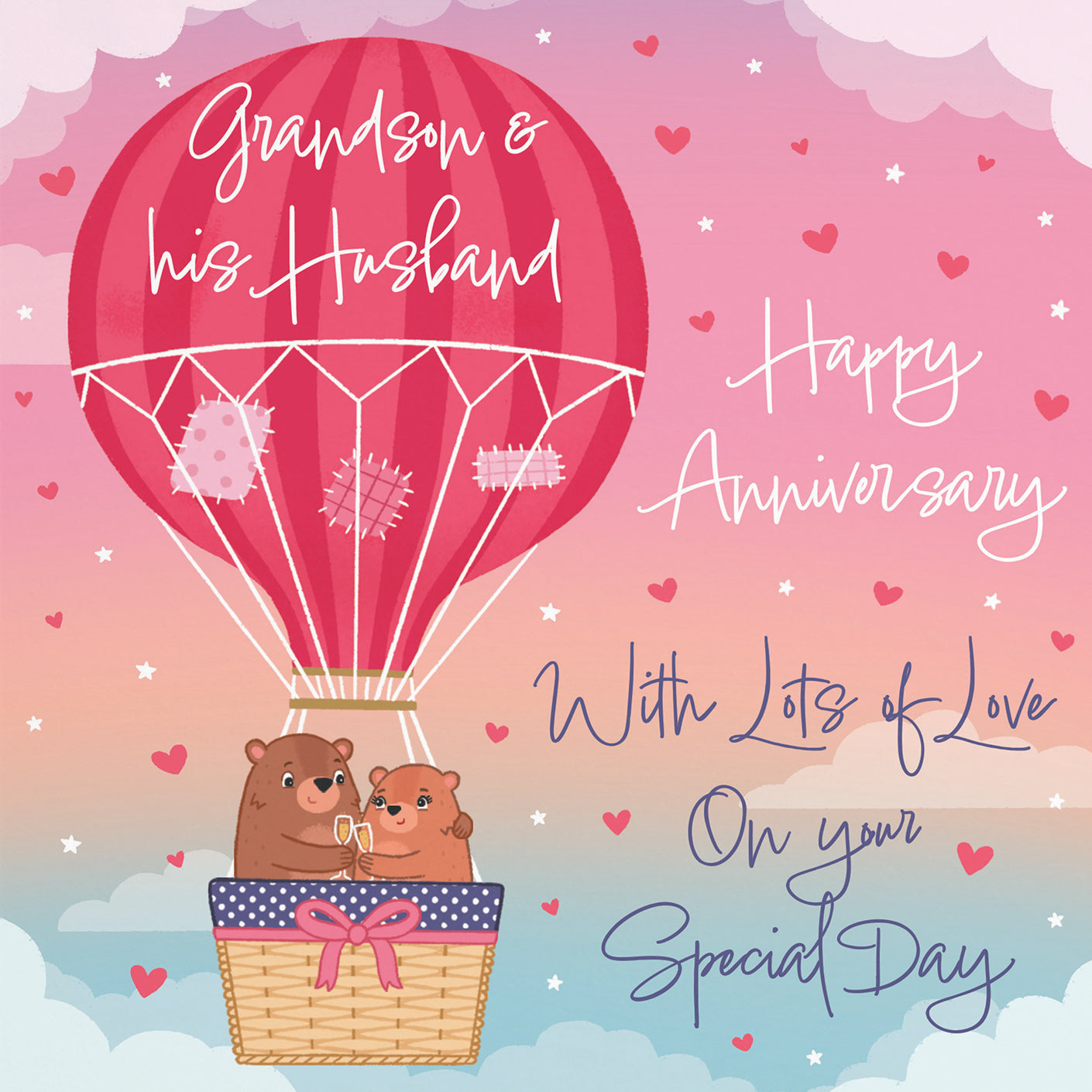 Grandson And Husband Hot Air Balloon Anniversary Card Cute Bears