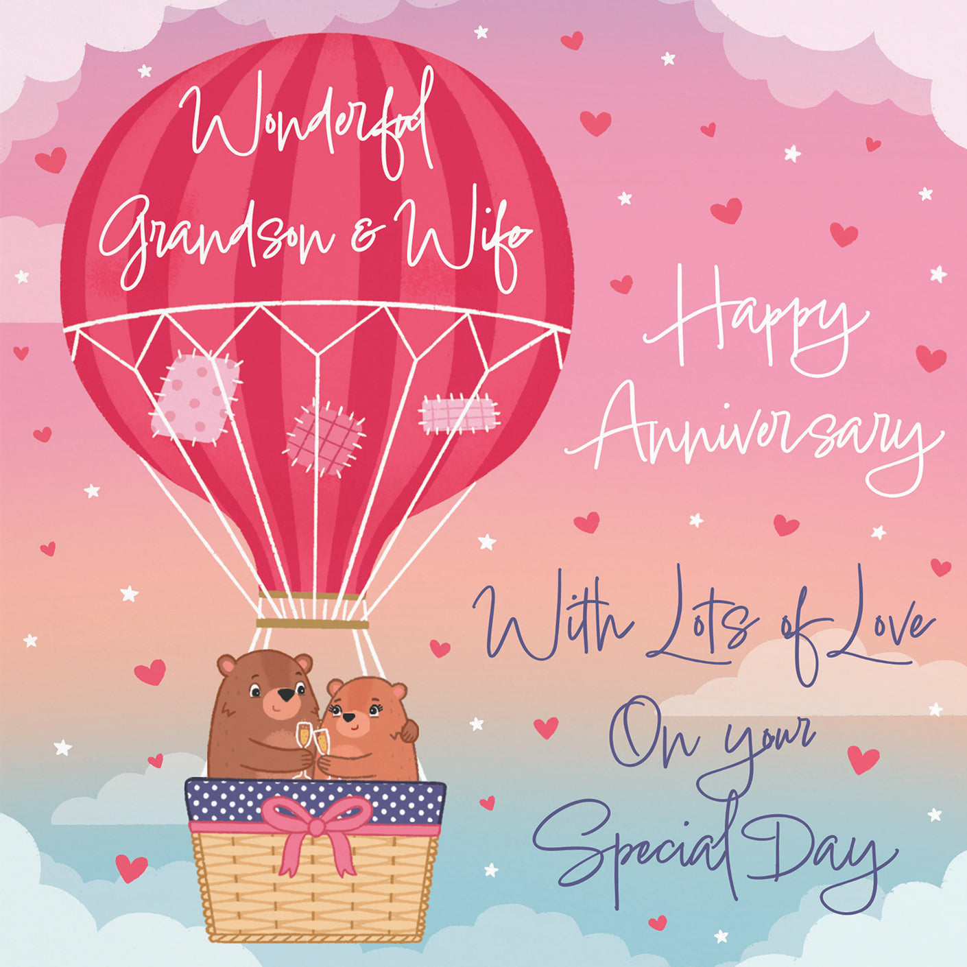 Grandson And Wife Hot Air Balloon Anniversary Card Cute Bears