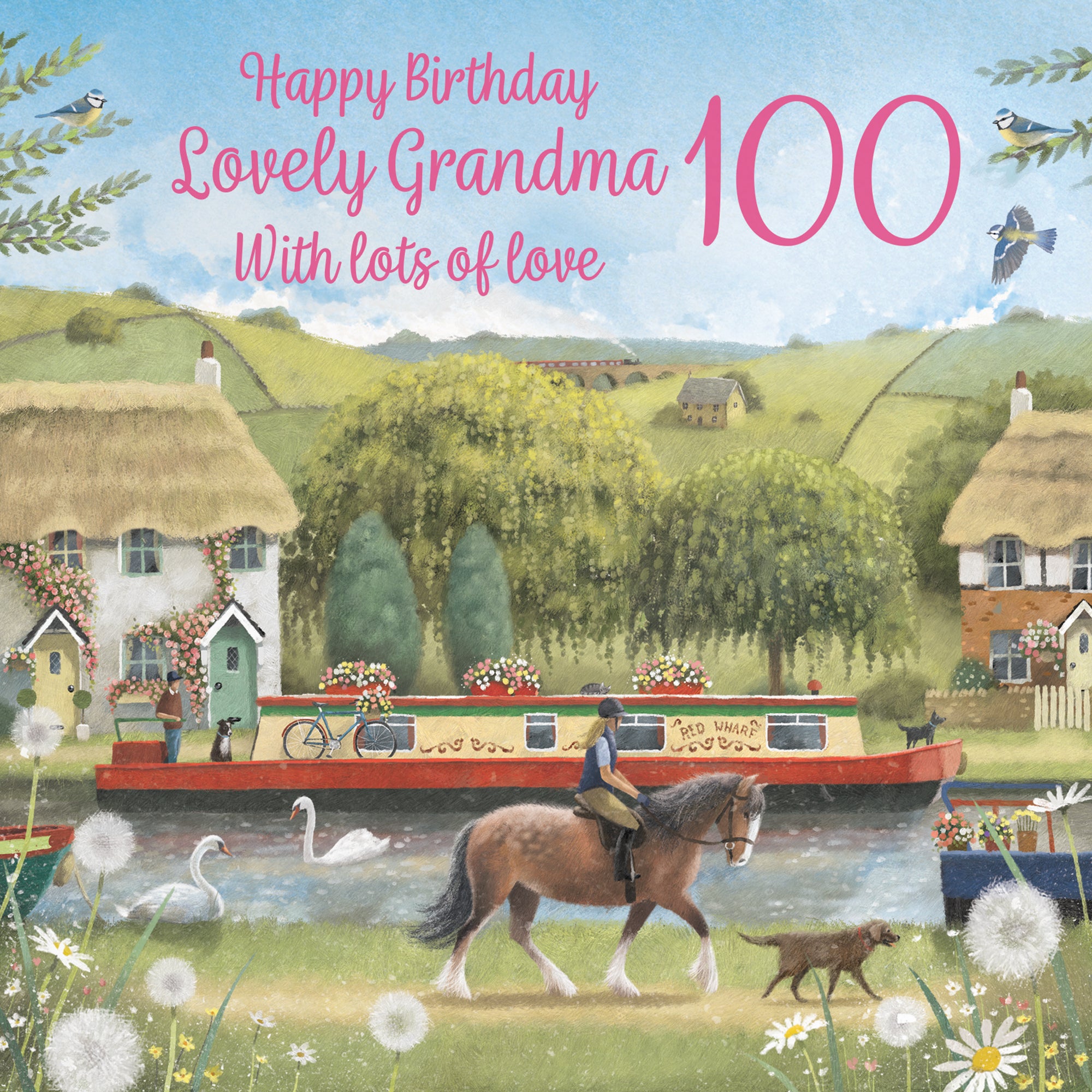100th Grandma Canal Narrowboat Birthday Card Horse Riding Milo's GalleryBirthday