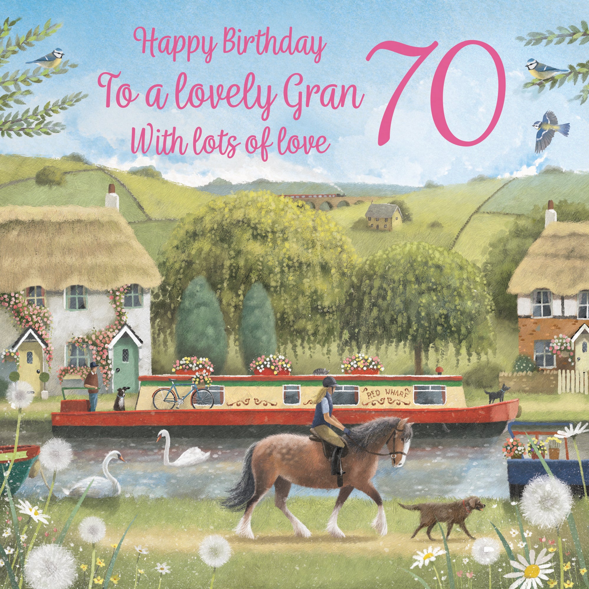 70th Gran Canal Narrowboat Birthday Card Horse Riding Milo's Gallery