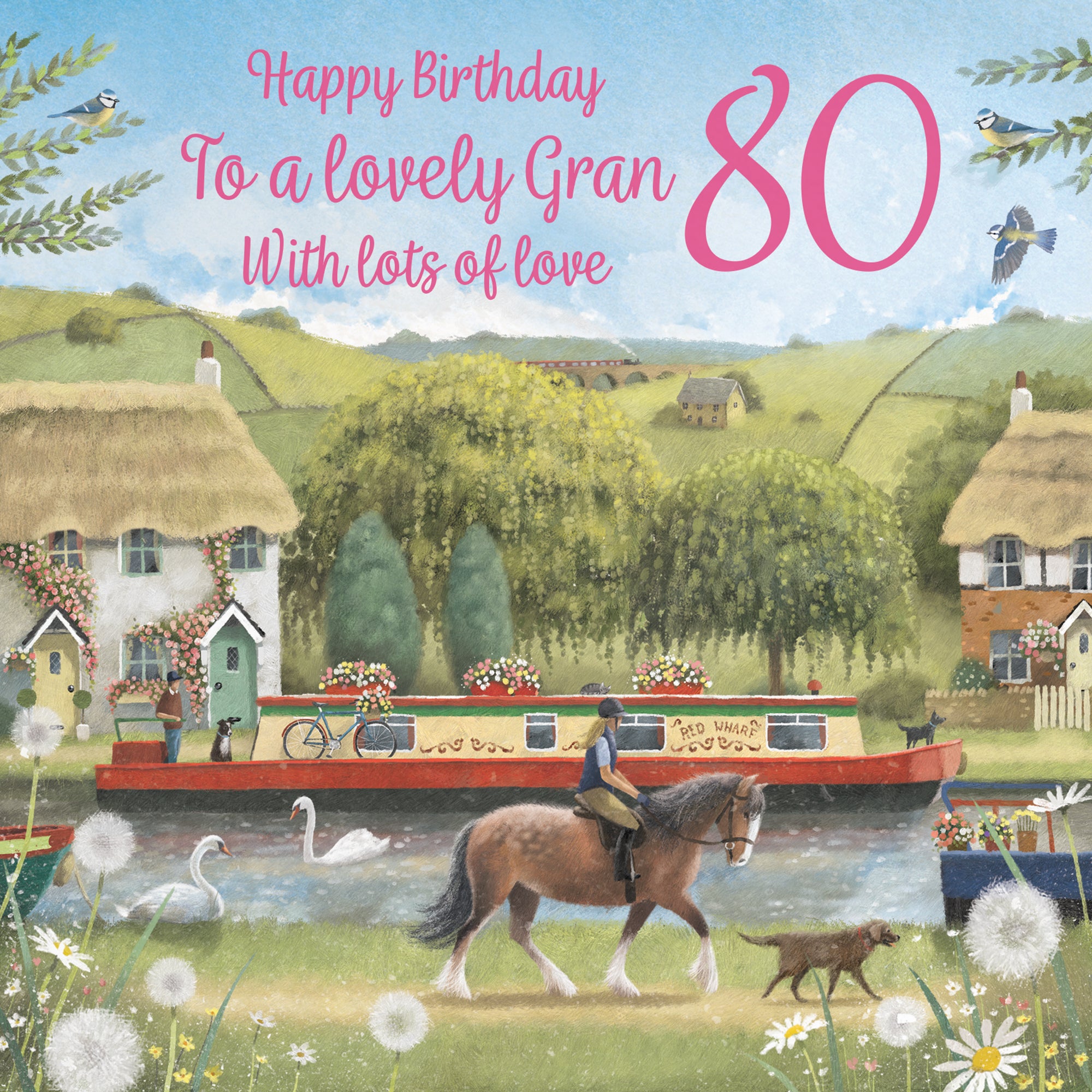 80th Gran Canal Narrowboat Birthday Card Horse Riding Milo's Gallery