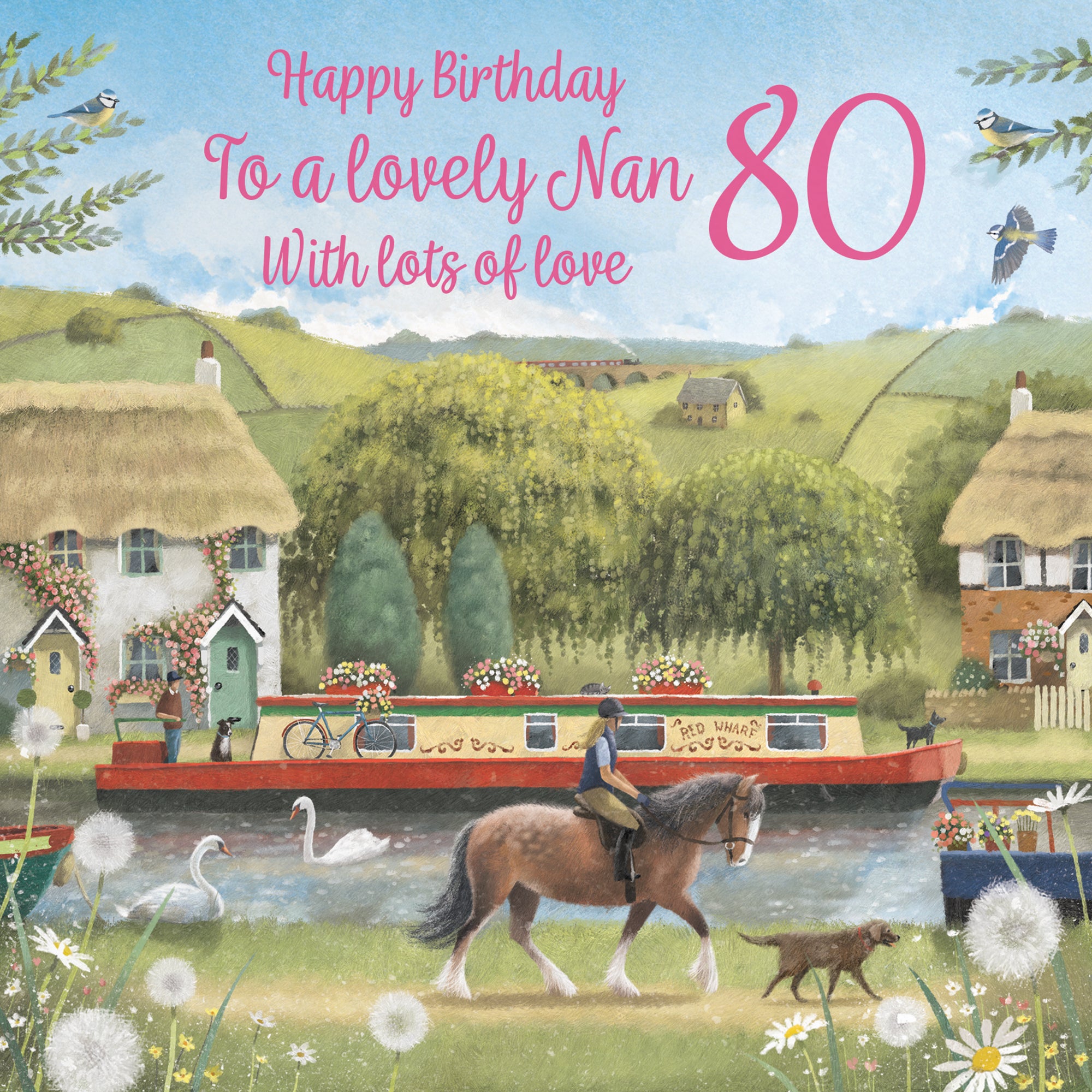 80th Nan Canal Narrowboat Birthday Card Horse Riding Milo's Gallery