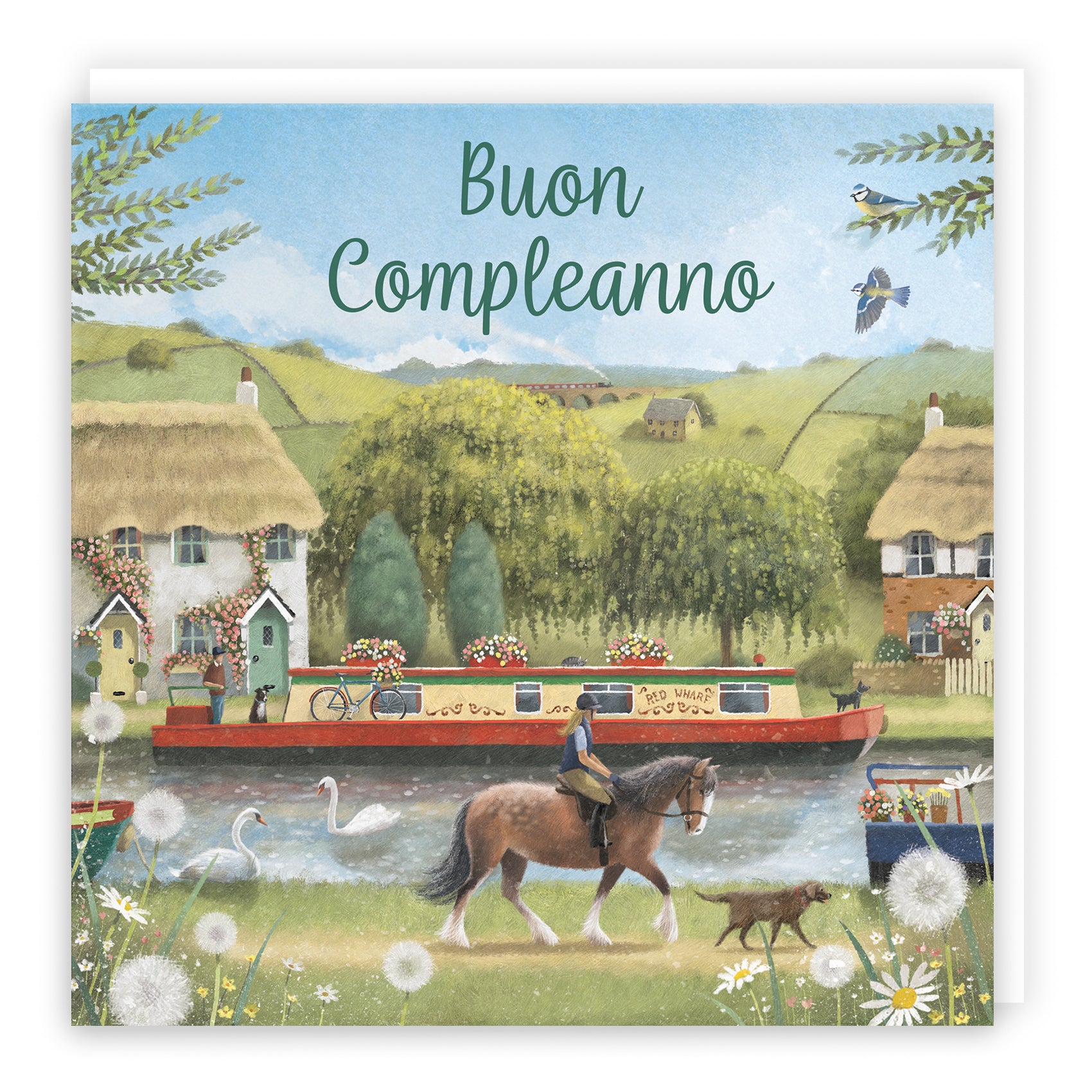Italian Language Birthday Card Canal Narrowboat Horse Riding Milo's Gallery