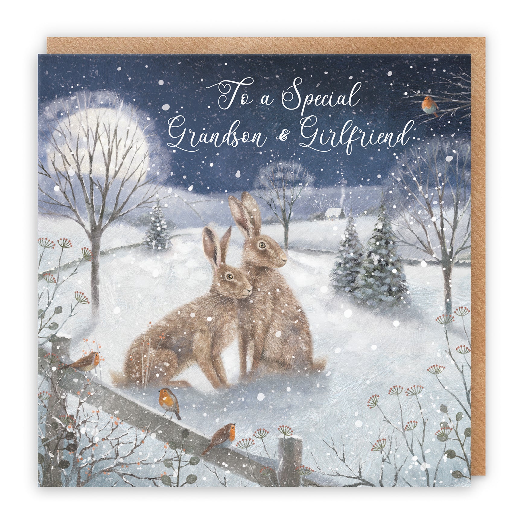 Grandson And Girlfriend Christmas Card 'Snowy Hares' Milo's Gallery