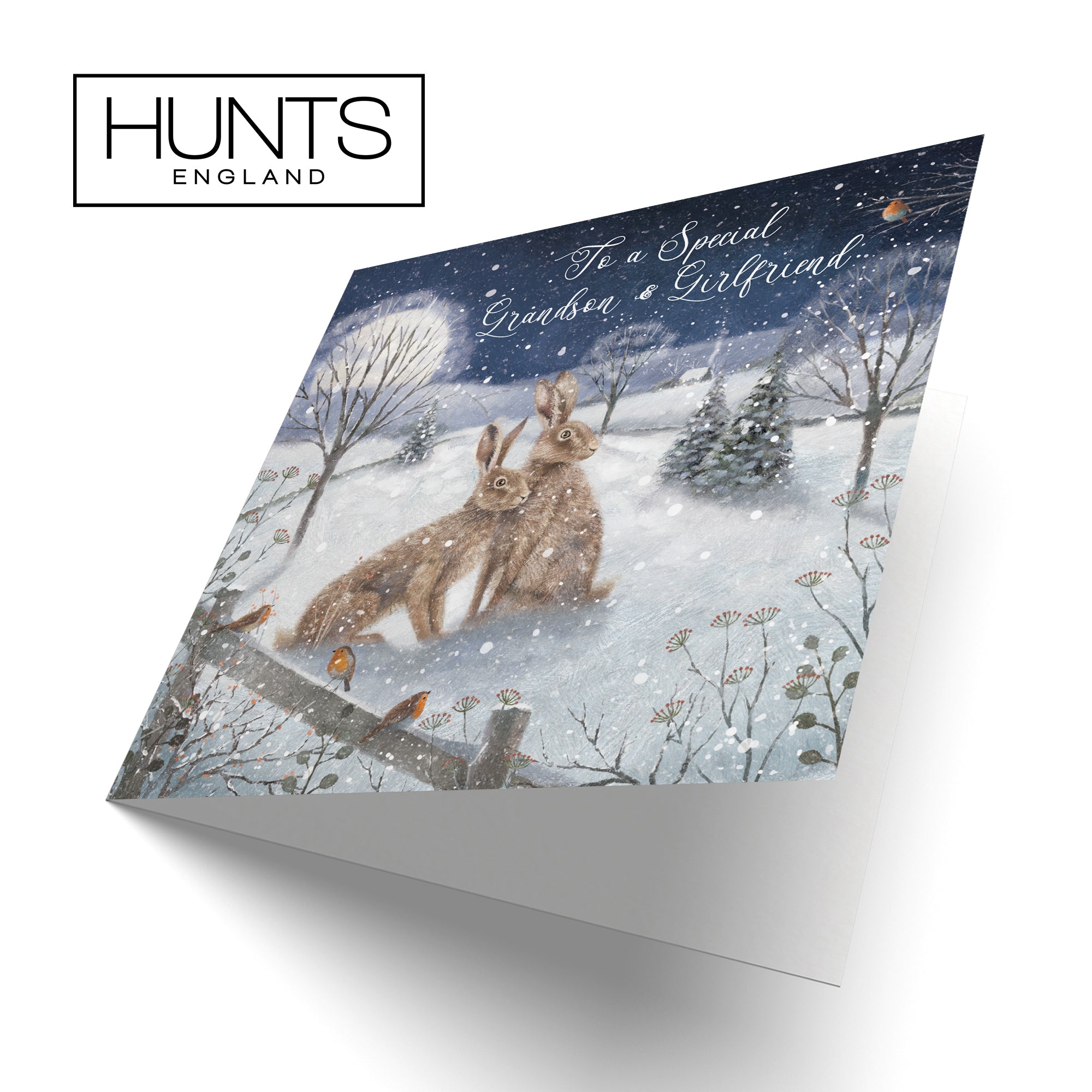 Grandson And Girlfriend Christmas Card 'Snowy Hares' Milo's Gallery