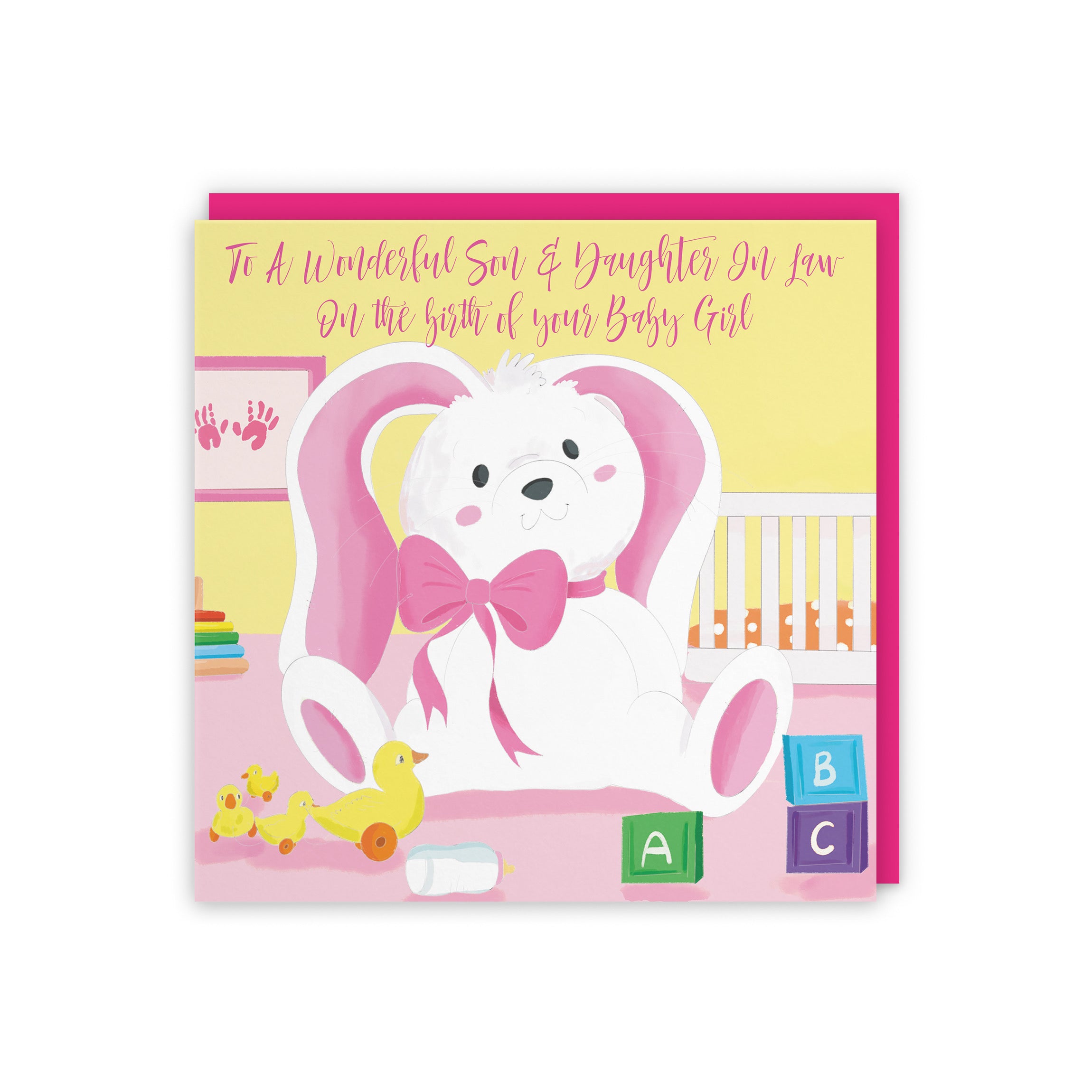 Son And Daughter In Law New Baby Girl Congratulations Card Pink Rabbit Classic - Default Title (5056408140423)