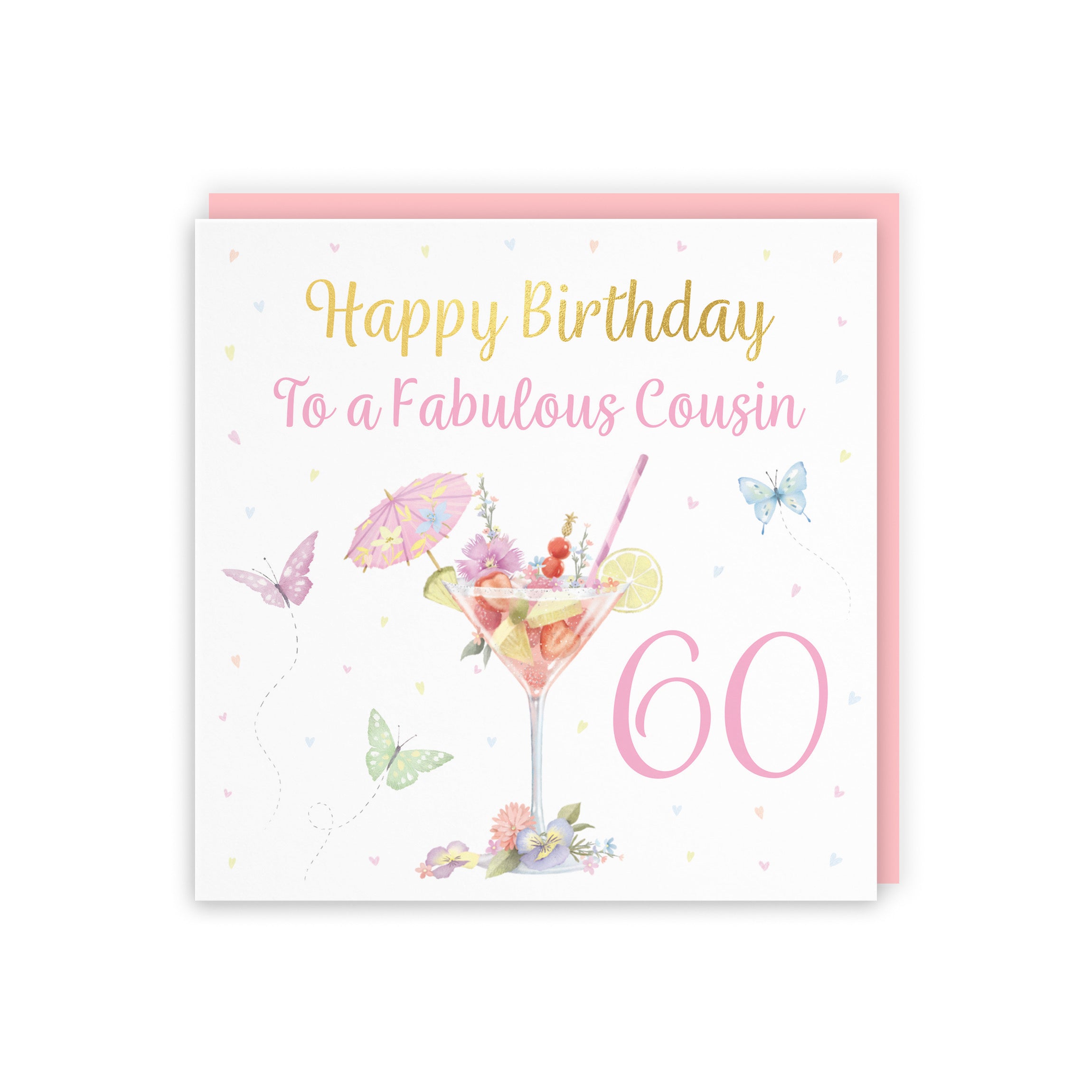 60th Female Cousin Pink Cocktail And Butterflies Birthday Card Gold Foil Milo's Gallery - Default Title (5063396027544)