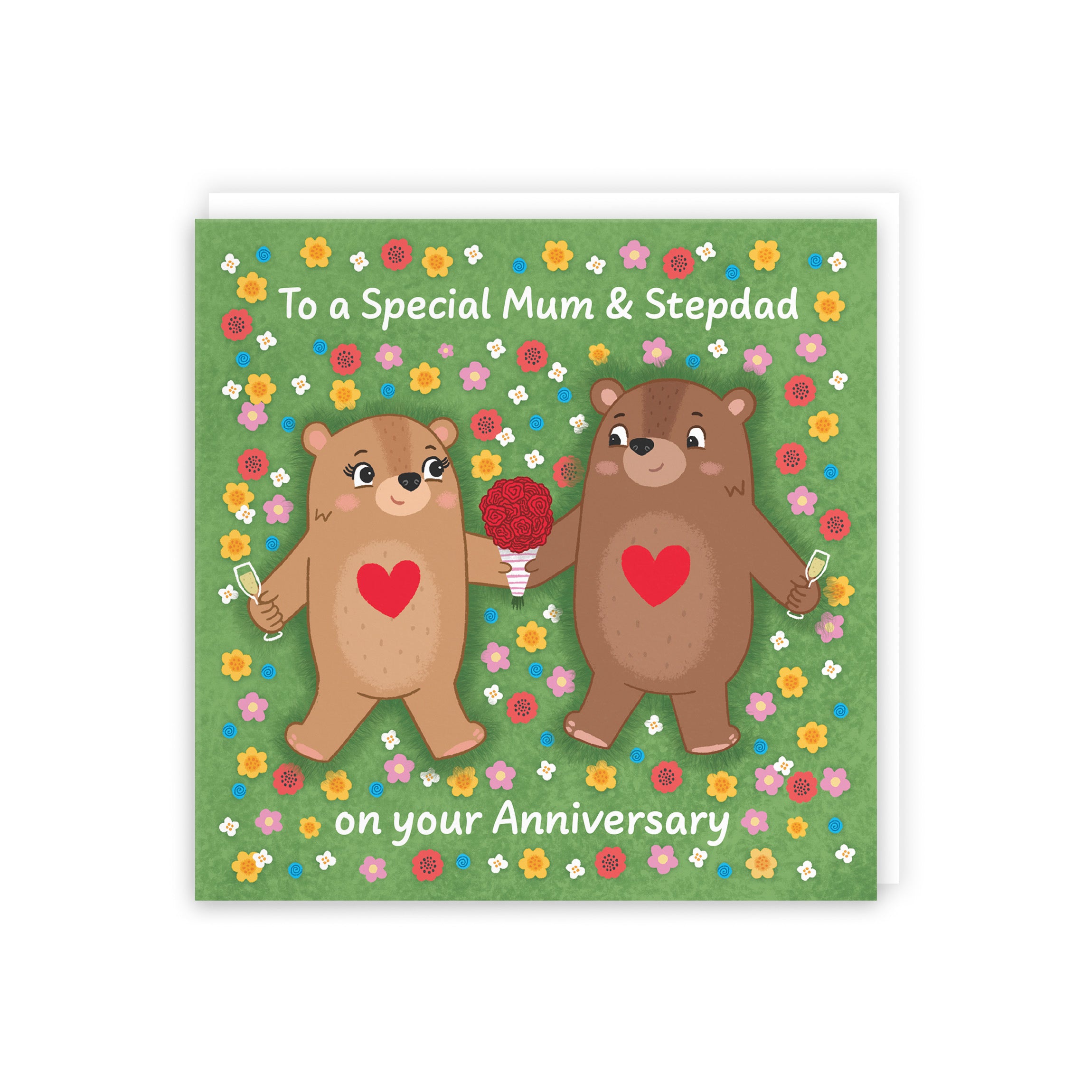 Mum And Stepdad Anniversary Card Flowery Bears Love Story - Default Title (5063396129606)