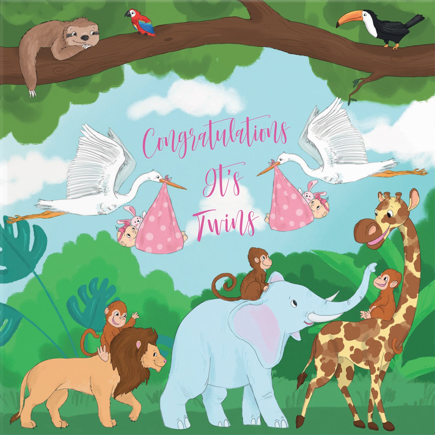 New Baby Girl Twins Congratulations Card Stork Jungle - Default Title (B09VM8FR66)