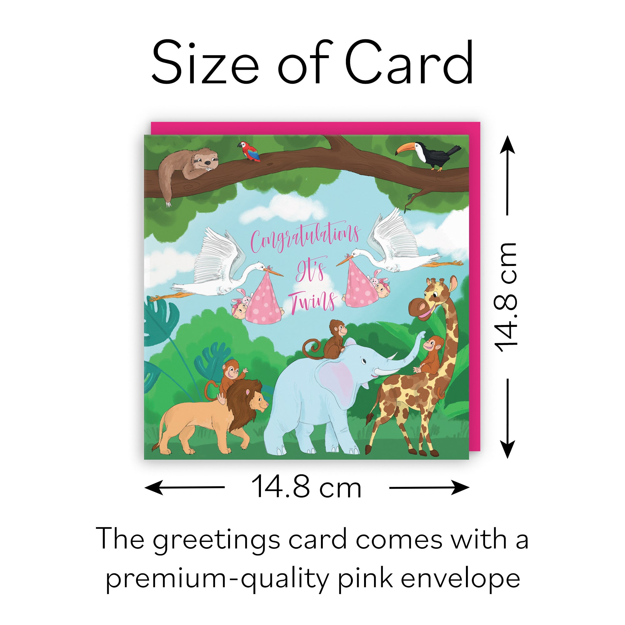 New Baby Girl Twins Congratulations Card Stork Jungle - Default Title (B09VM8FR66)