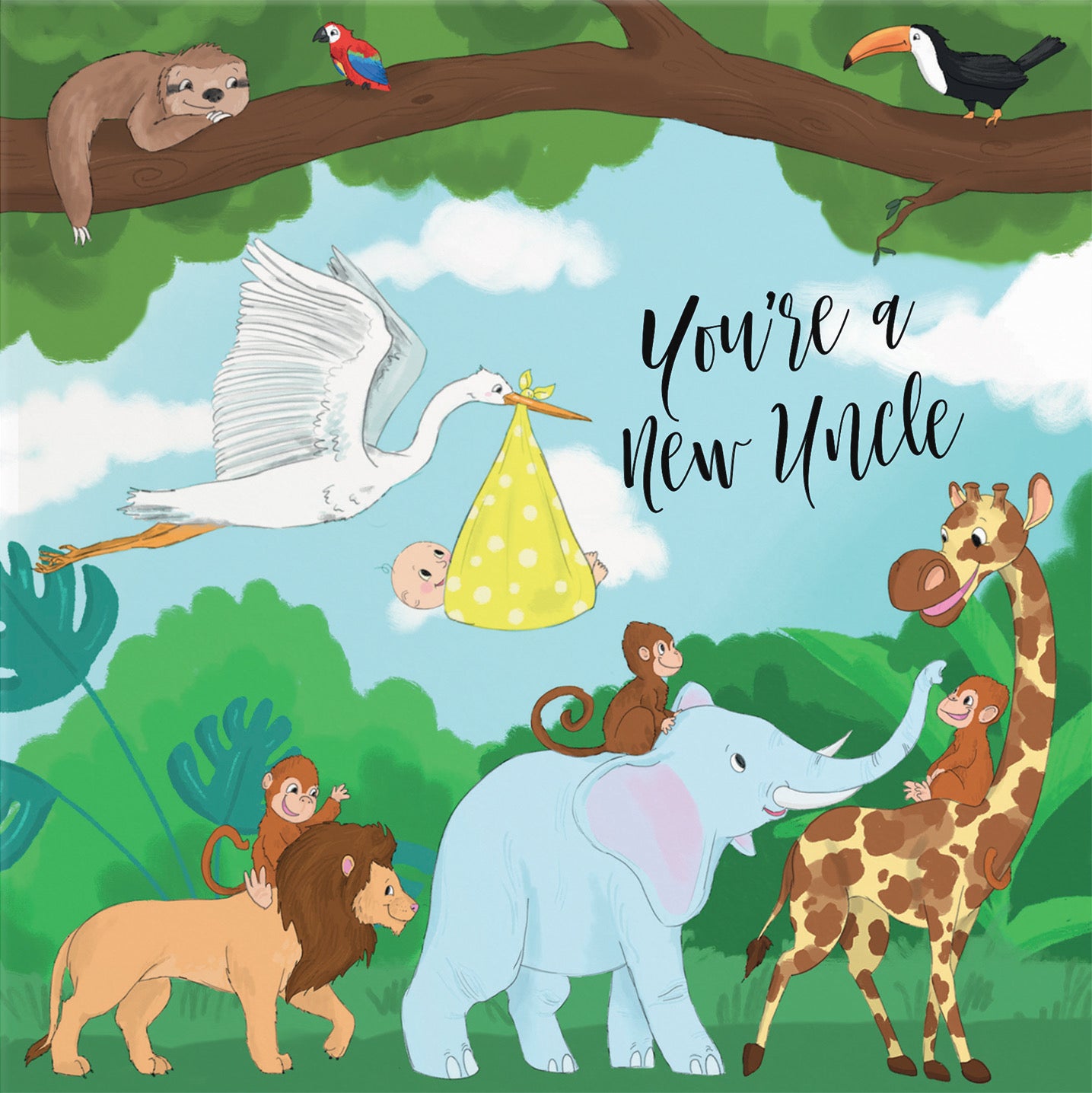 New Uncle Congratulations New Baby Card Stork Yellow Jungle - Default Title (B09VM9P5CW)