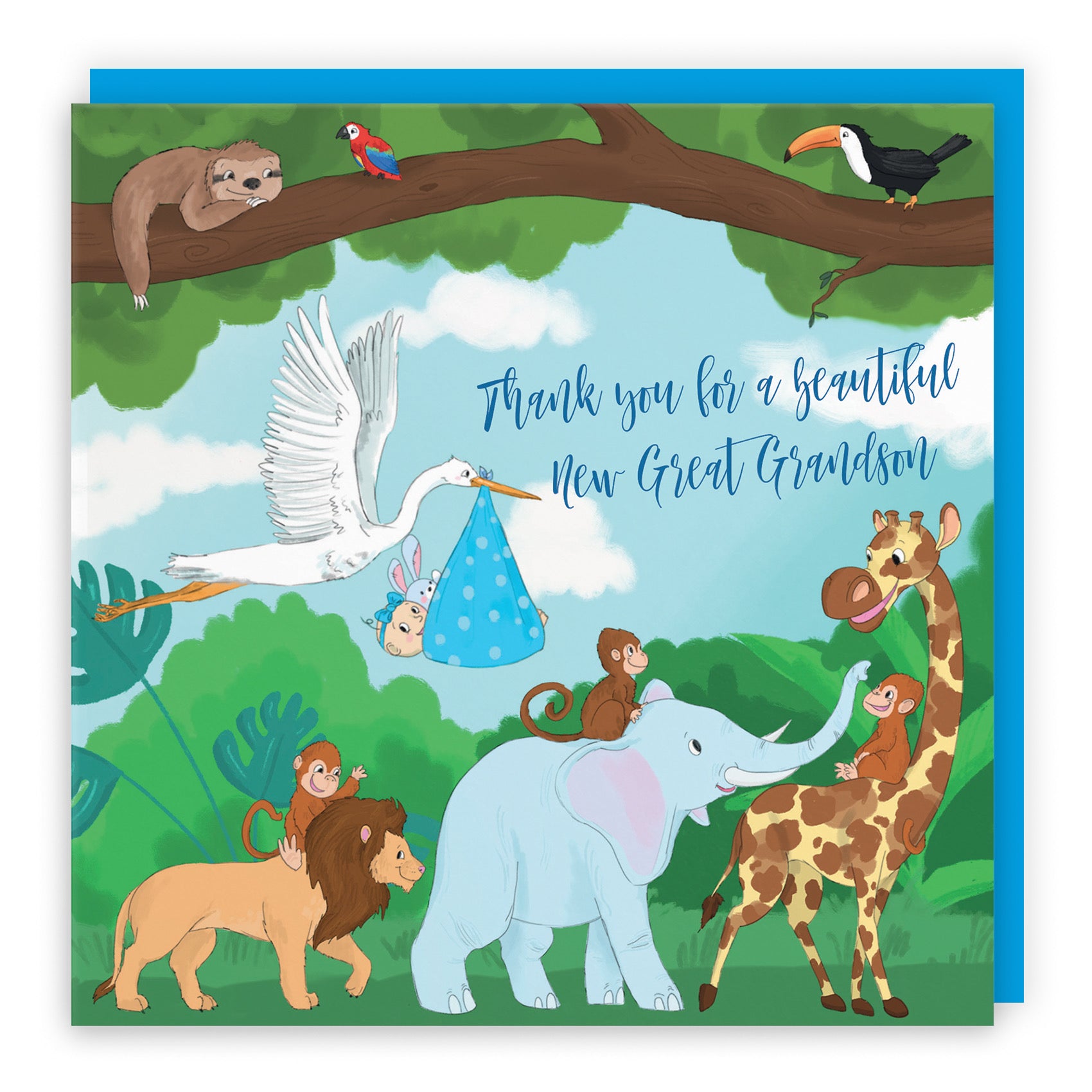 New Baby Great Grandson Cute Thank You Card Stork Jungle - Default Title (B09VMBSN7B)