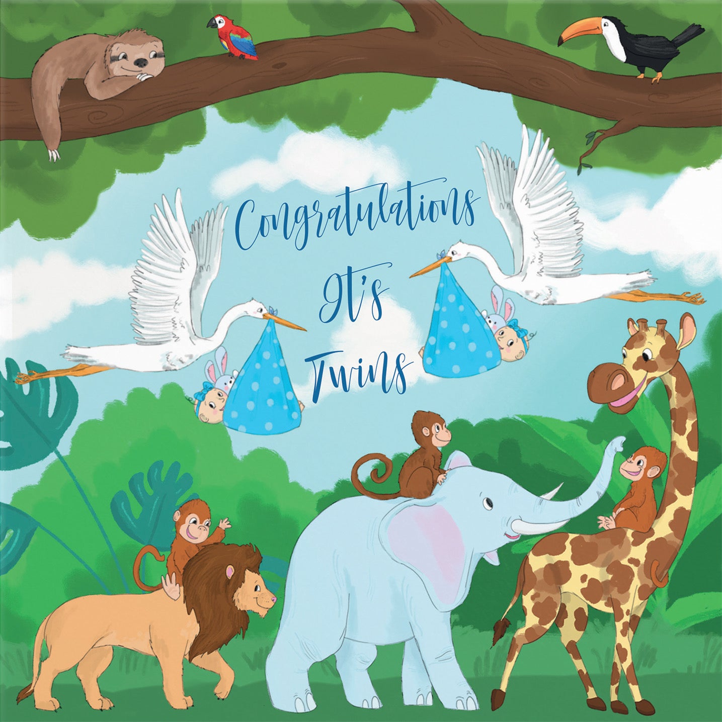 New Baby Boy Twins Congratulations Card Stork Jungle - Default Title (B09VMD797T)
