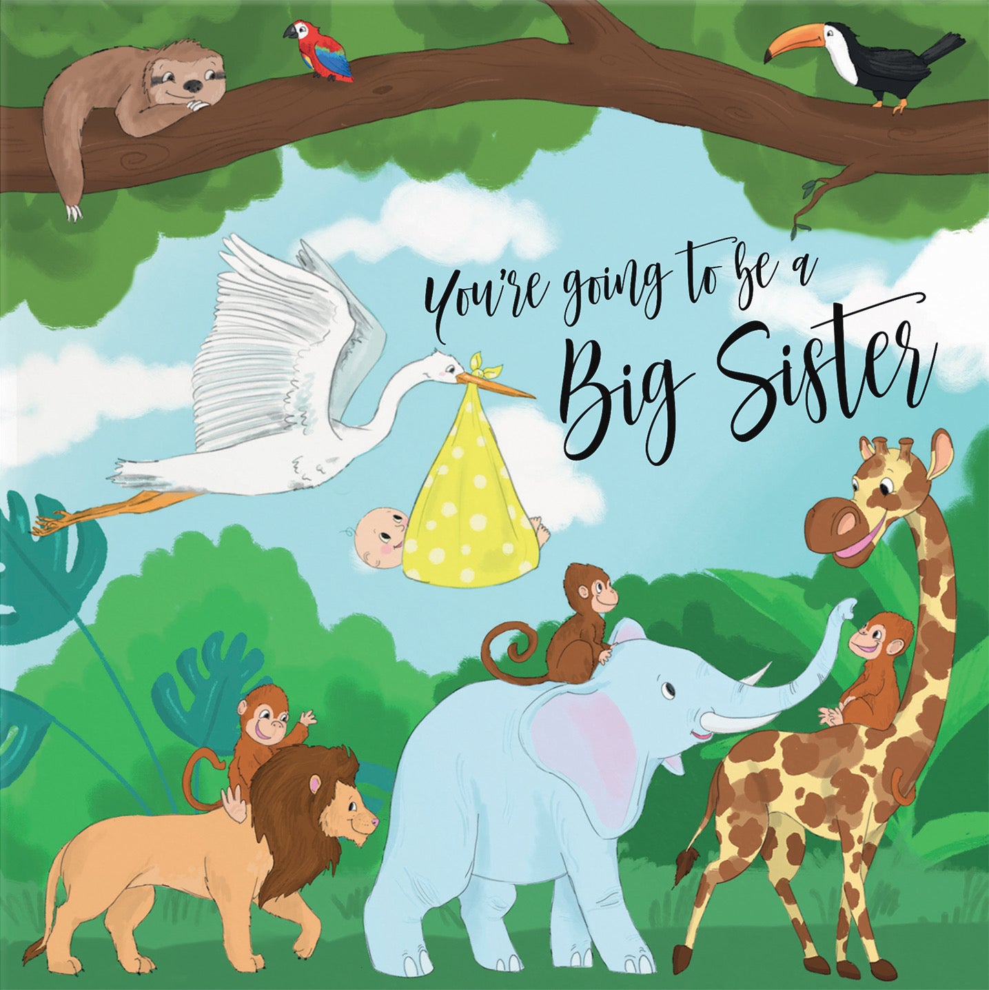New Baby Announcement Big Sister Card For Daughter Stork Jungle - Default Title (B09VMKWGLX)