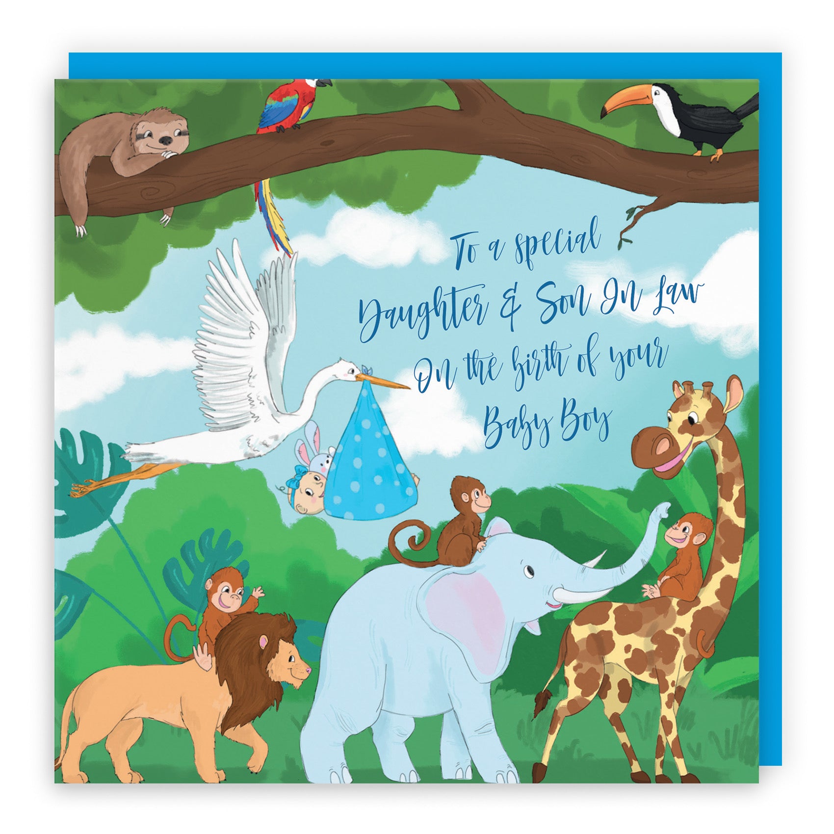 Daughter And Son In Law New Baby Boy Congratulations Card Stork Jungle - Default Title (B09VMLYCT1)