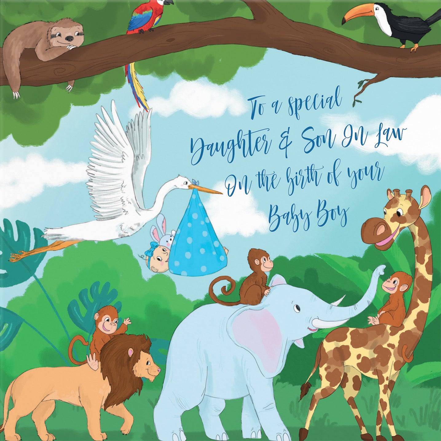 Daughter And Son In Law New Baby Boy Congratulations Card Stork Jungle - Default Title (B09VMLYCT1)