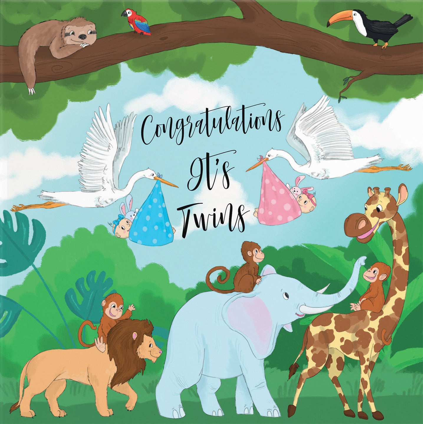 New Baby Boy / Girl Twins Congratulations Card Stork Jungle - Default Title (B09VMLZ2ST)