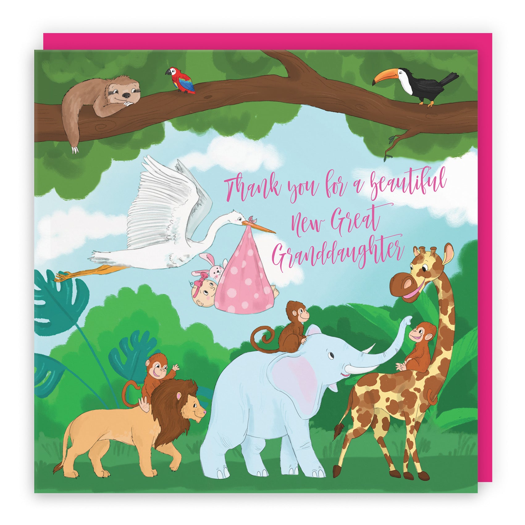 New Baby Great Granddaughter Cute Thank You Card Stork Jungle - Default Title (B09VMPMJGB)