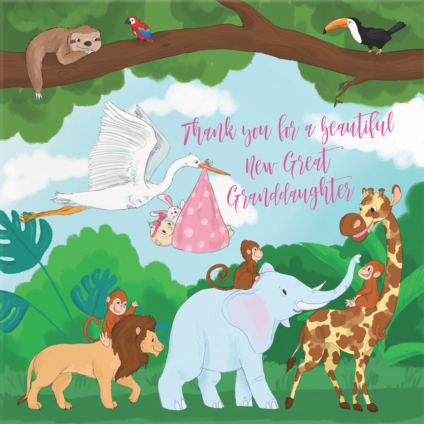 New Baby Great Granddaughter Cute Thank You Card Stork Jungle - Default Title (B09VMPMJGB)