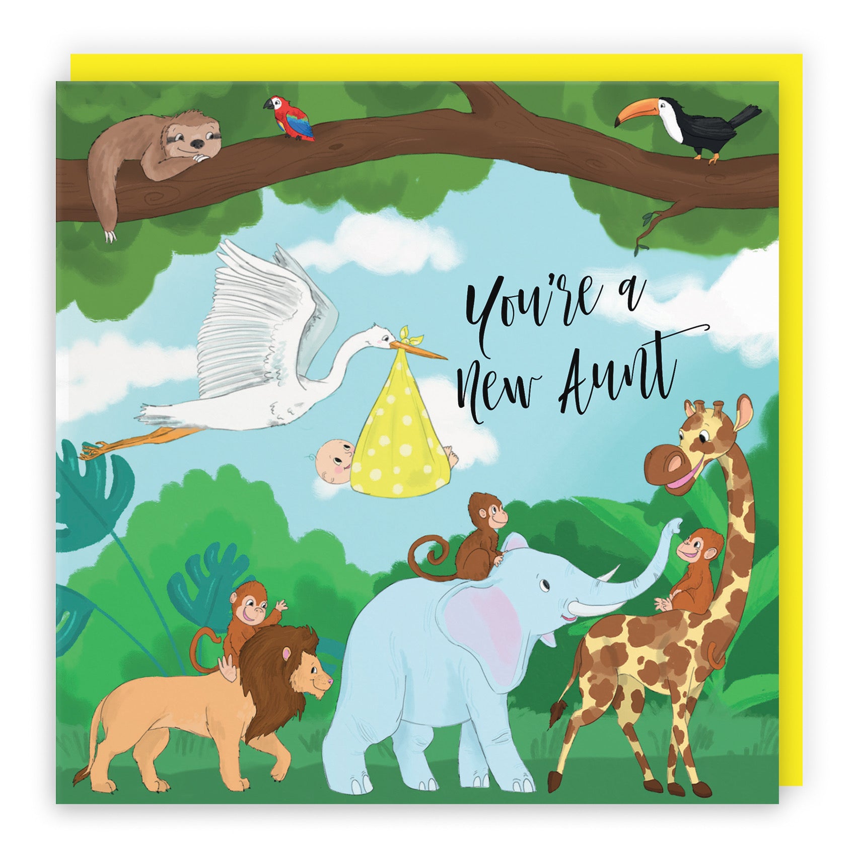 New Aunt Congratulations New Baby Card Stork Yellow Jungle - Default Title (B09VMS4X2Y)