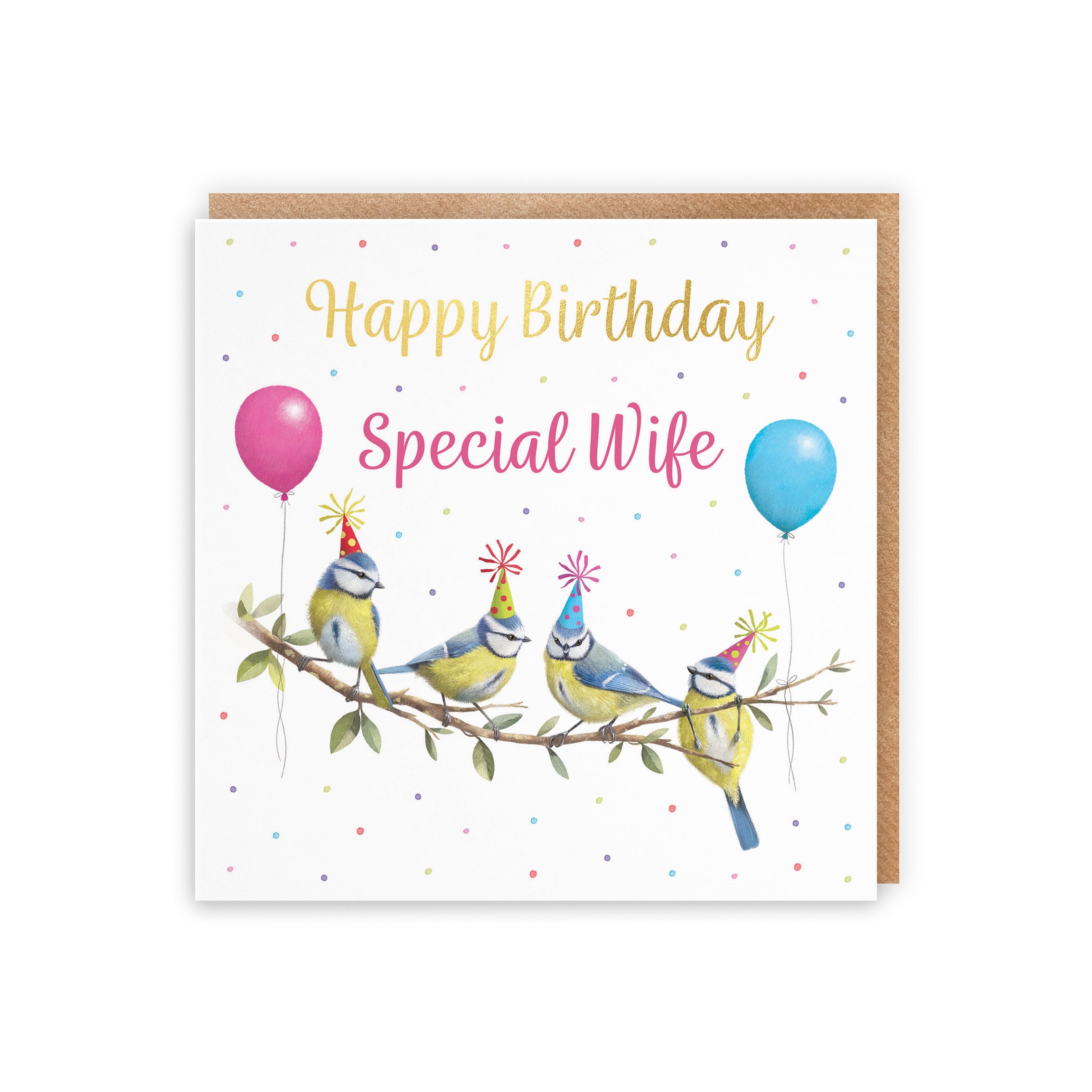 Wife Blue Tits Birthday Card Gold Foil Milo's Gallery - Default Title (B0CV9HN16S)