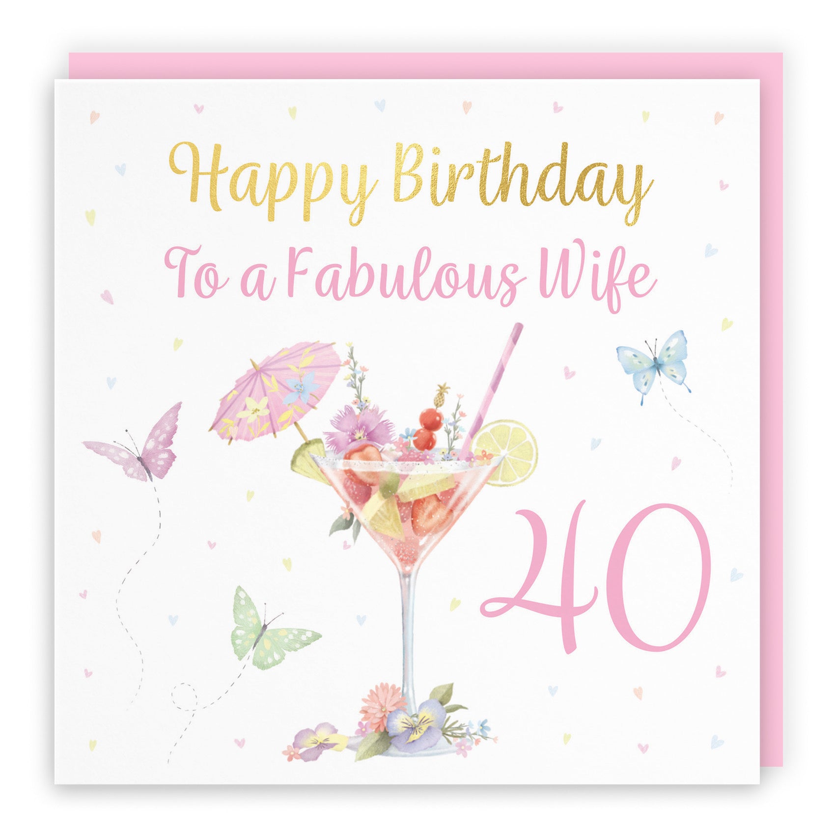 40th Wife Pink Cocktail And Butterflies Birthday Card Gold Foil Milo's Gallery - Default Title (B0CX1MMJDH)