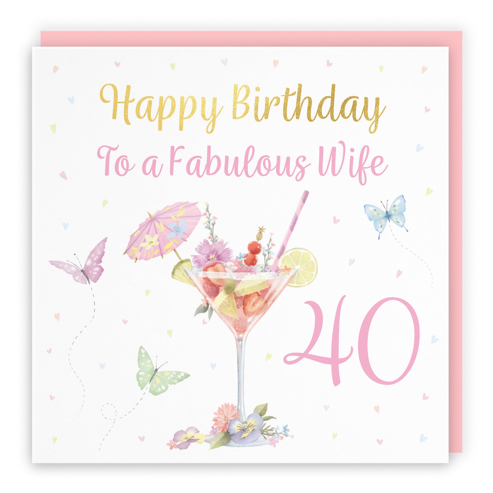 40th Wife Pink Cocktail And Butterflies Birthday Card Gold Foil Milo's Gallery - Default Title (B0CX1MMJDH)