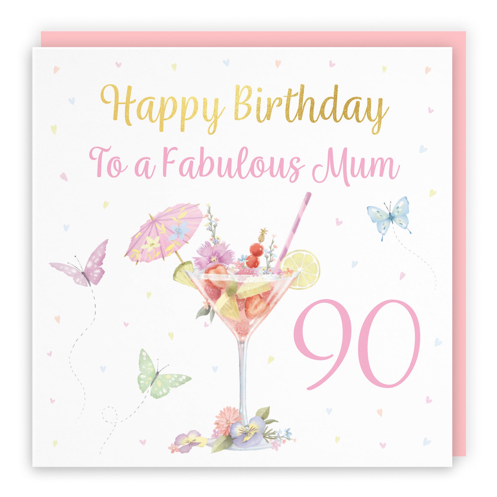 90th Mum Pink Cocktail And Butterflies Birthday Card Gold Foil Milo's Gallery - Default Title (B0CX1ZL6MC)